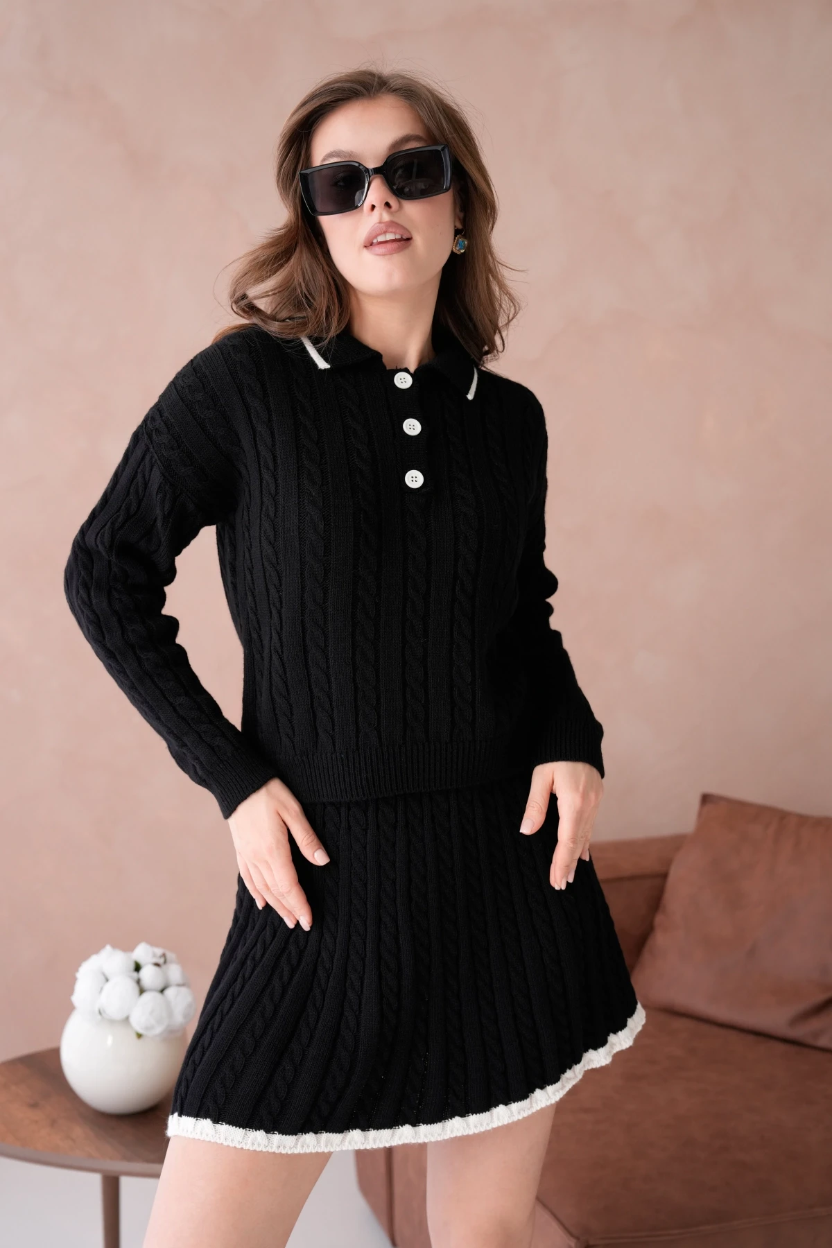 Kadın Polo Yaka Örgü Detay Etekli İkili Triko Takım