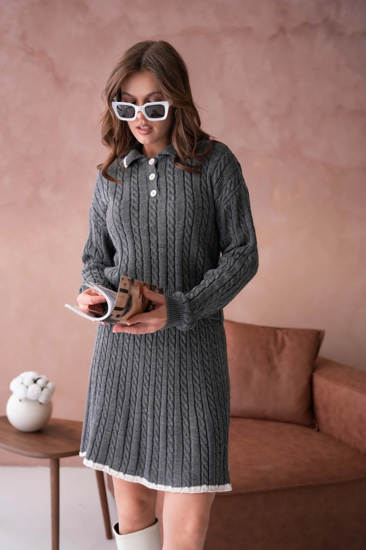 Kadın Polo Yaka Örgü Detay Etekli İkili Triko Takım