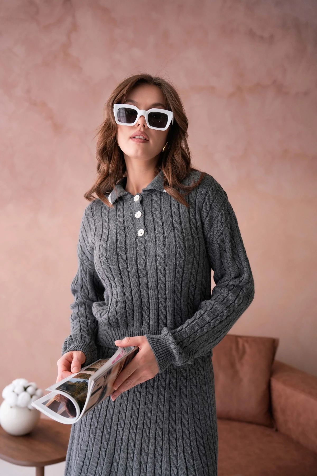 Kadın Polo Yaka Örgü Detay Etekli İkili Triko Takım