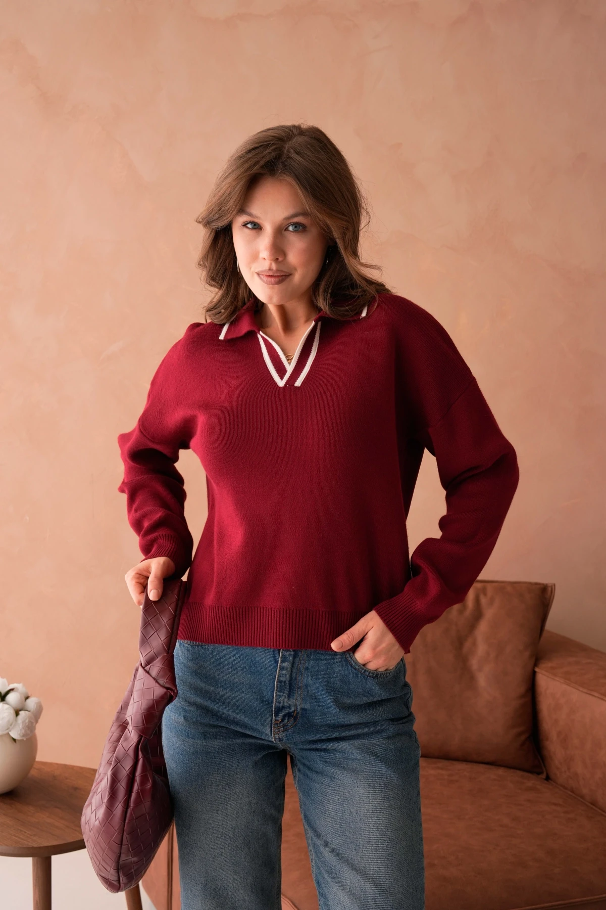 Kadın Poloyaka Salaş Triko Kazak