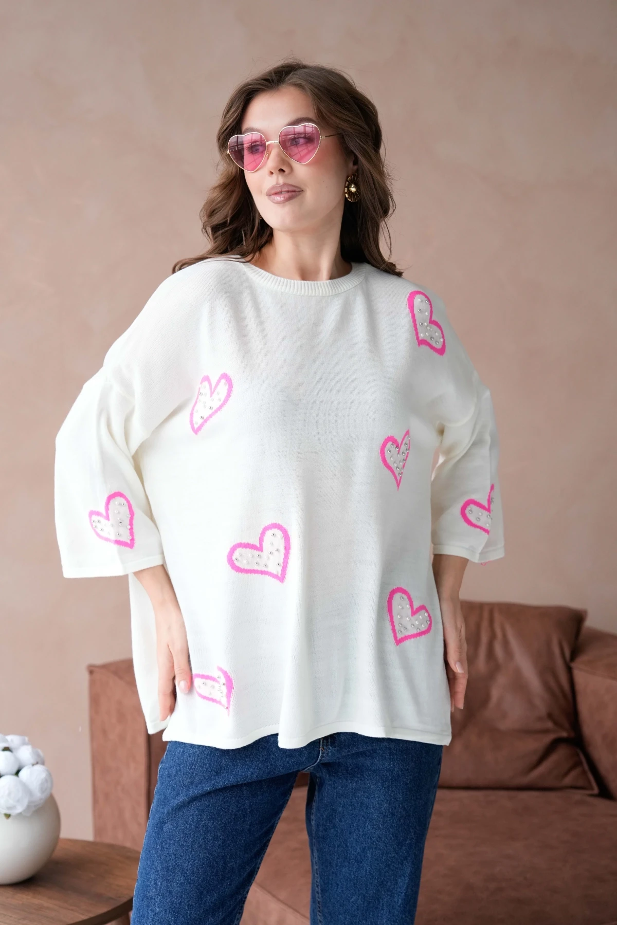 Kadın Taş İşlemeli Salaş Triko Kazak