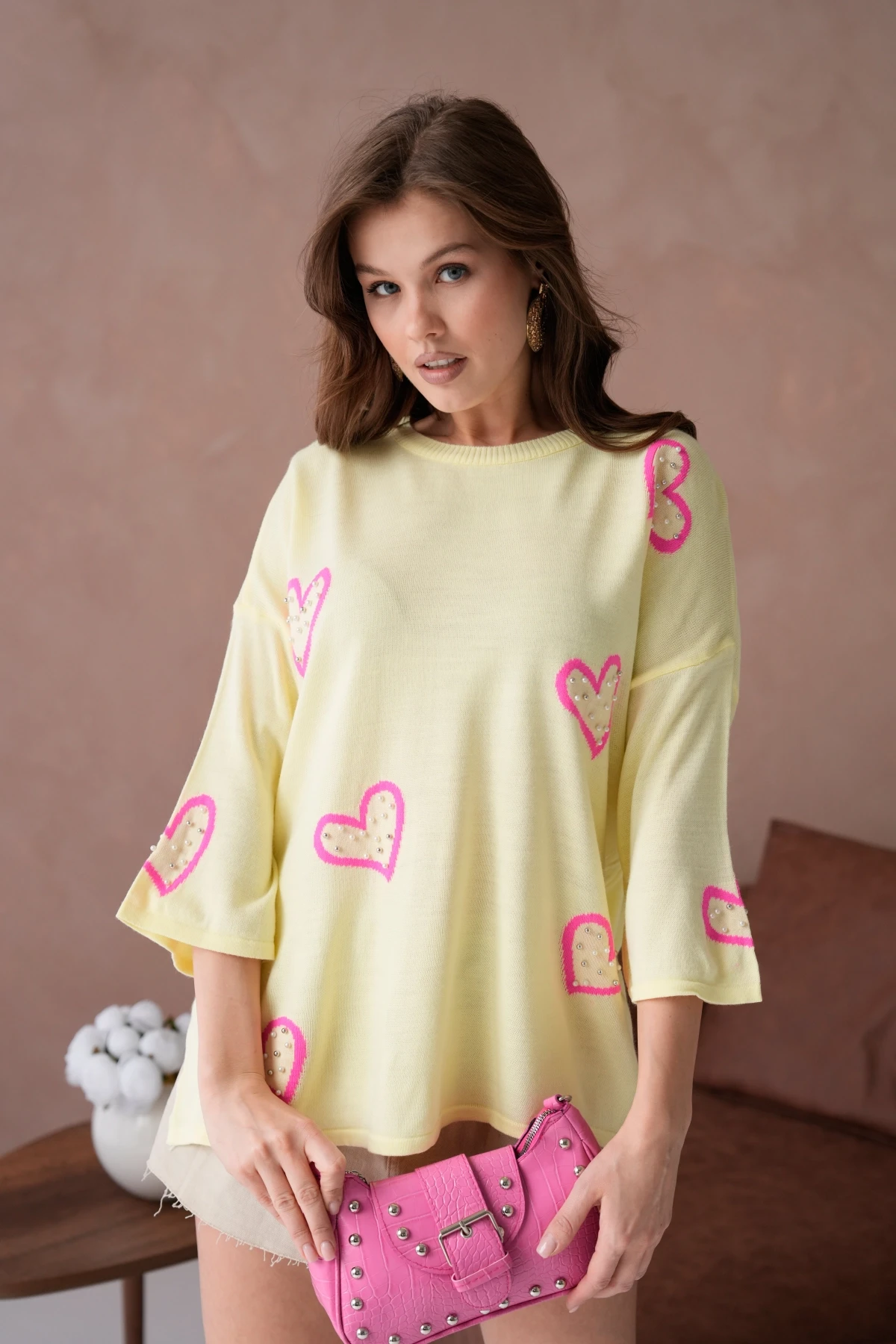 Kadın Taş İşlemeli Salaş Triko Kazak