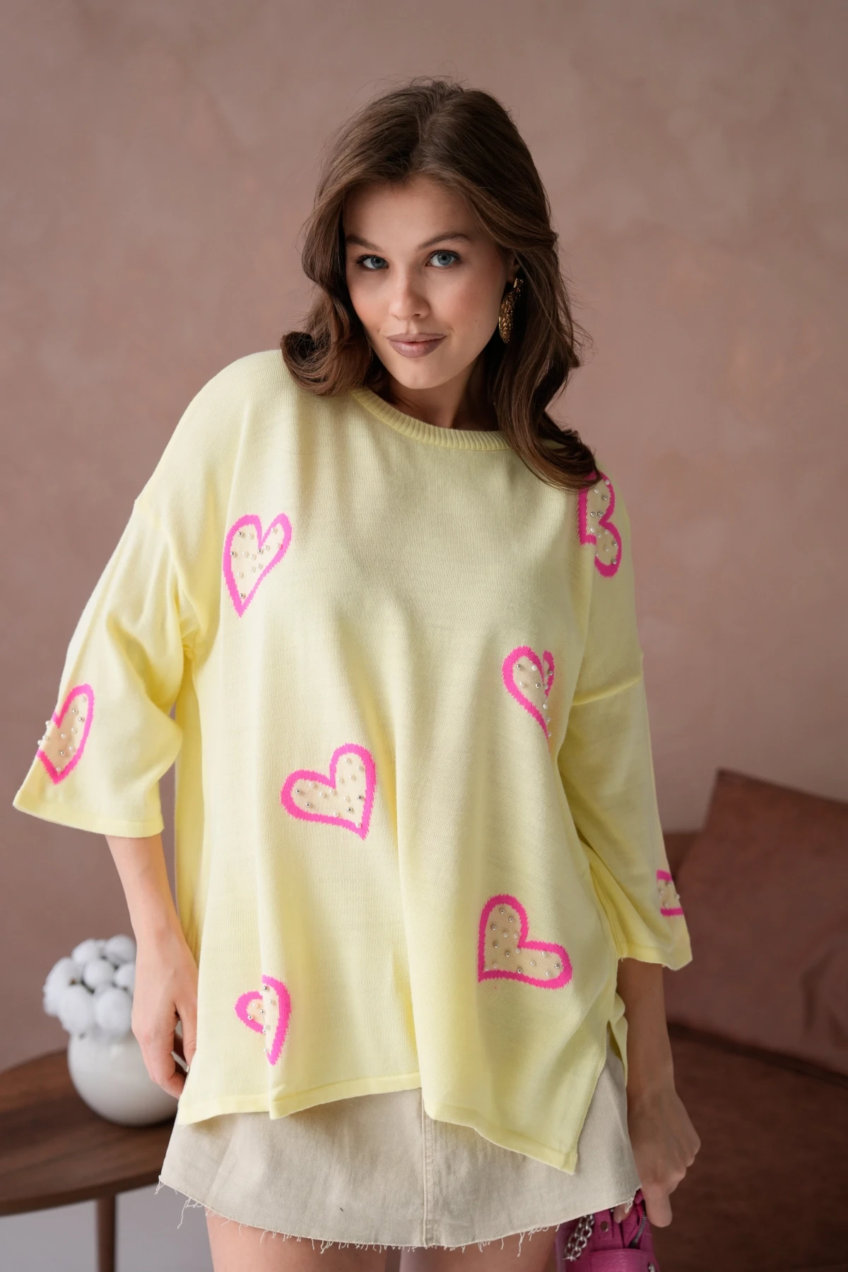 Kadın Taş İşlemeli Salaş Triko Kazak