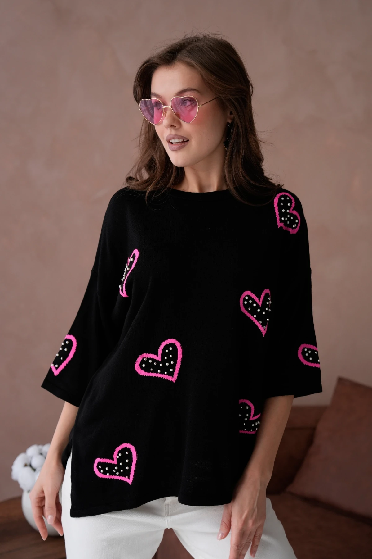 Kadın Taş İşlemeli Salaş Triko Kazak