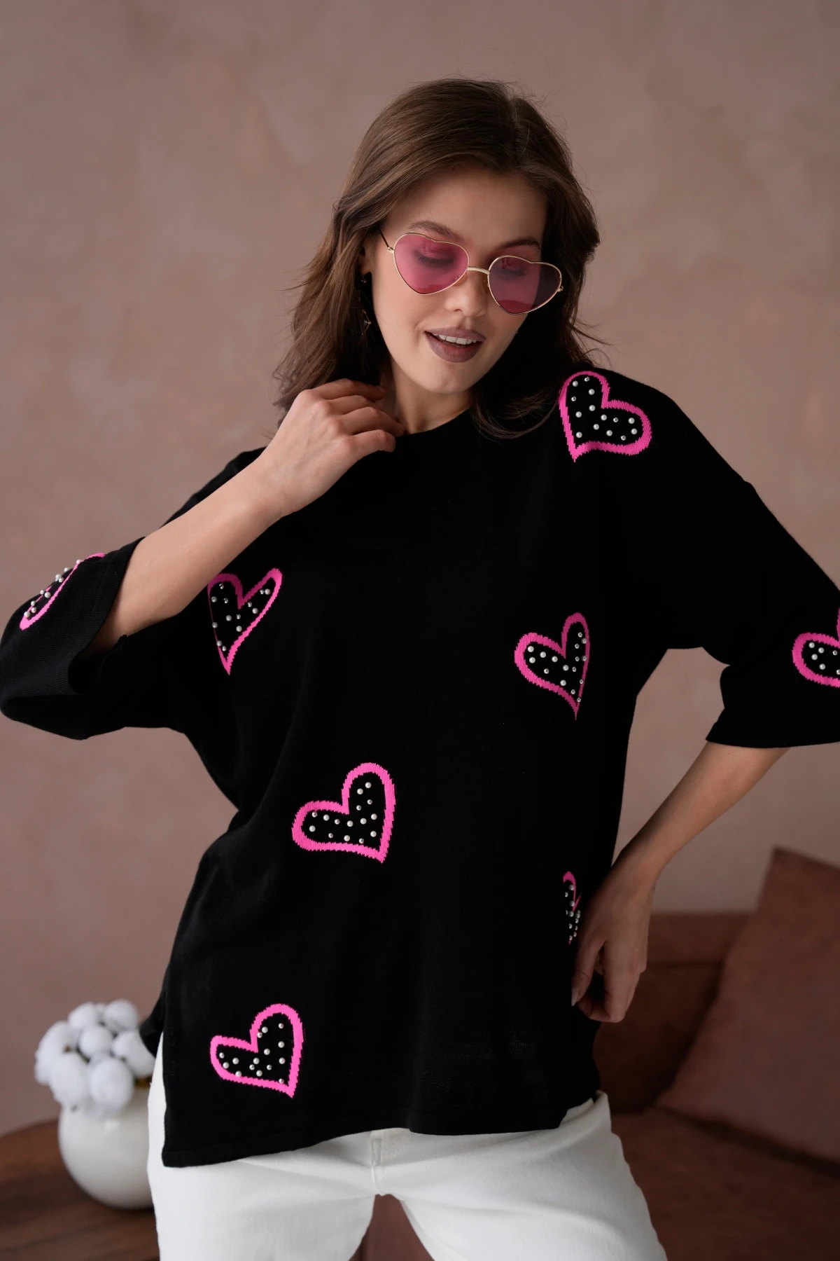 Kadın Taş İşlemeli Salaş Triko Kazak