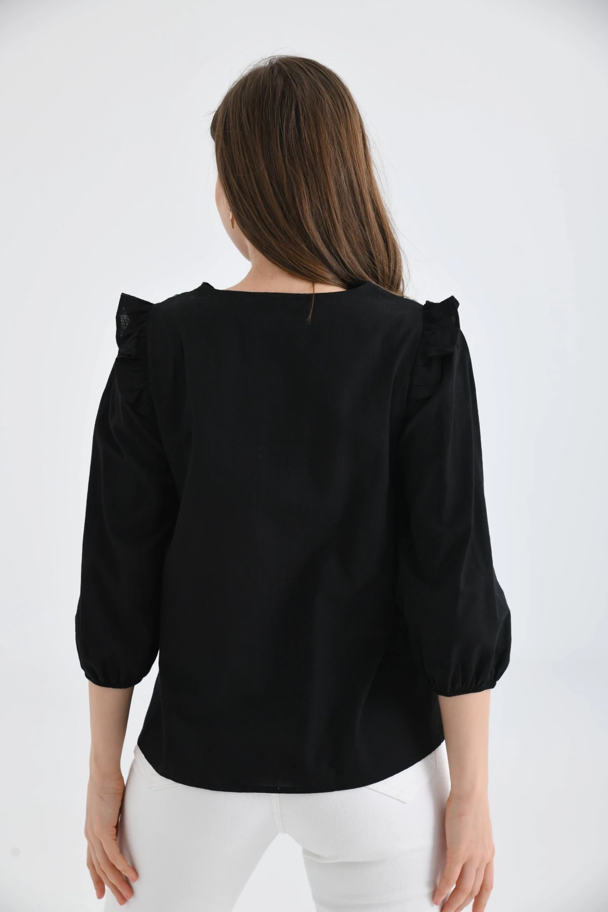 Kadın Uzun Kol Bağlama Detay Nakışlı Salaş Bluz