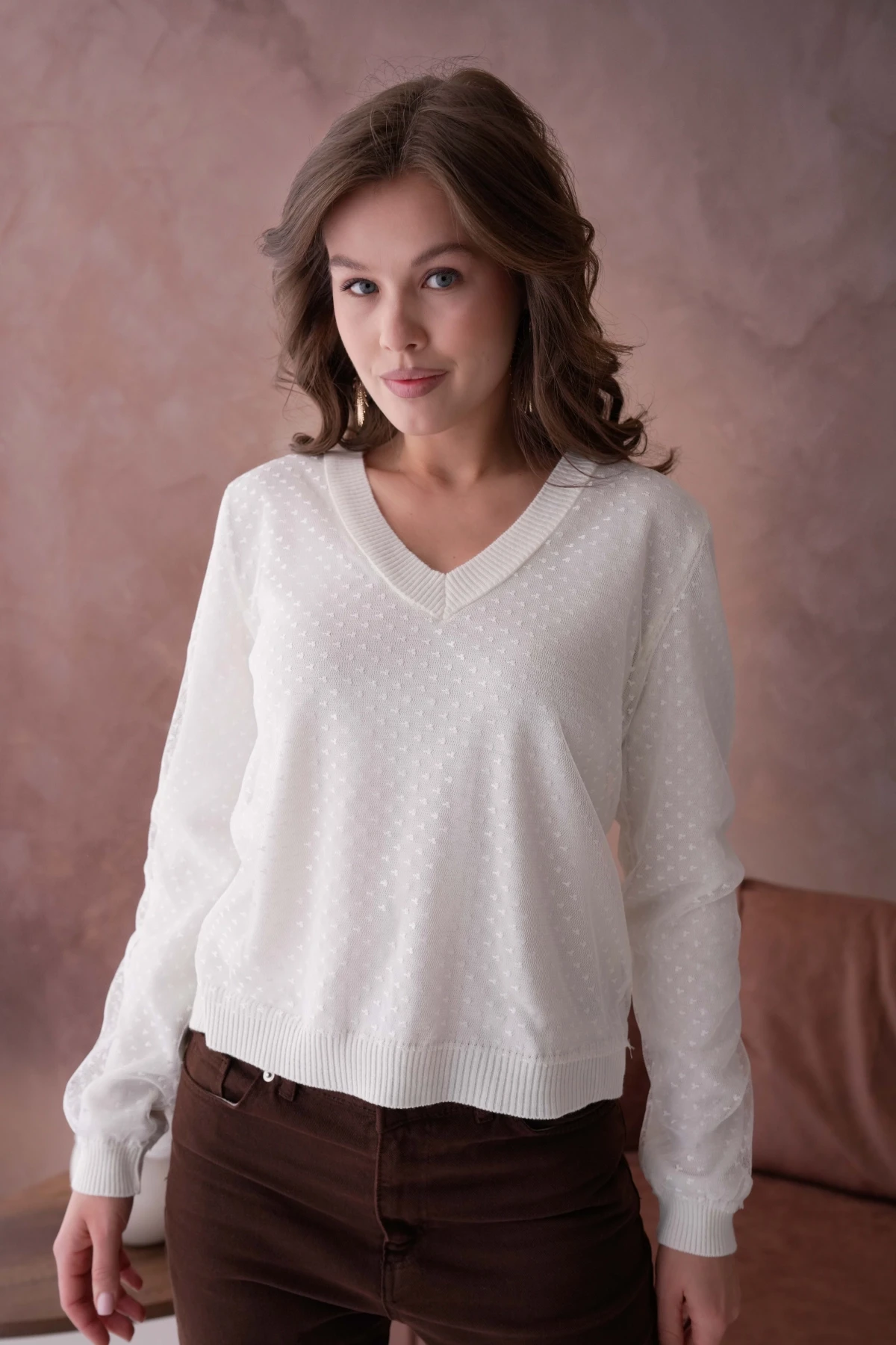 Kadın V Yaka Tül Detay Uzun Kol Triko Kazak