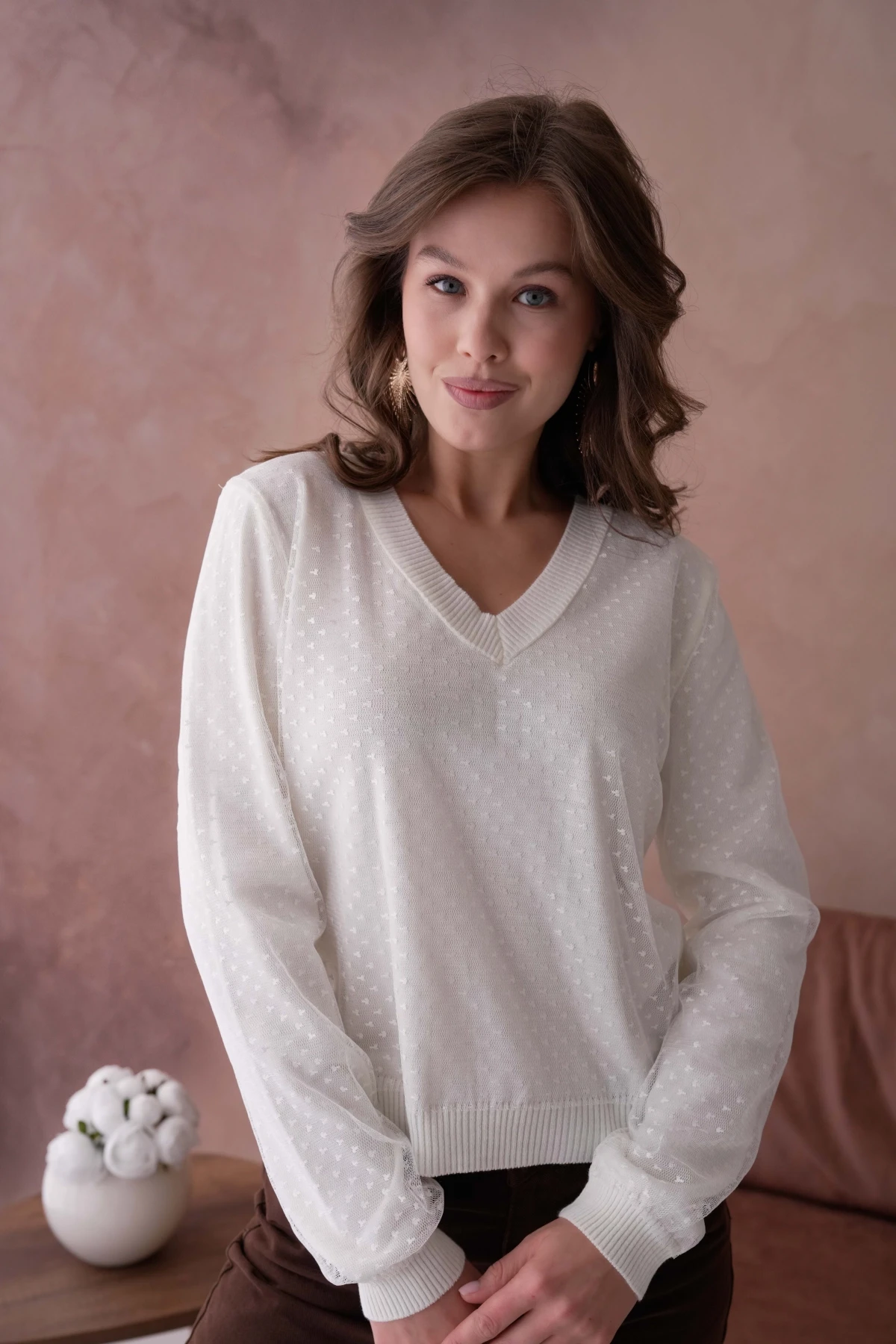 Kadın V Yaka Tül Detay Uzun Kol Triko Kazak