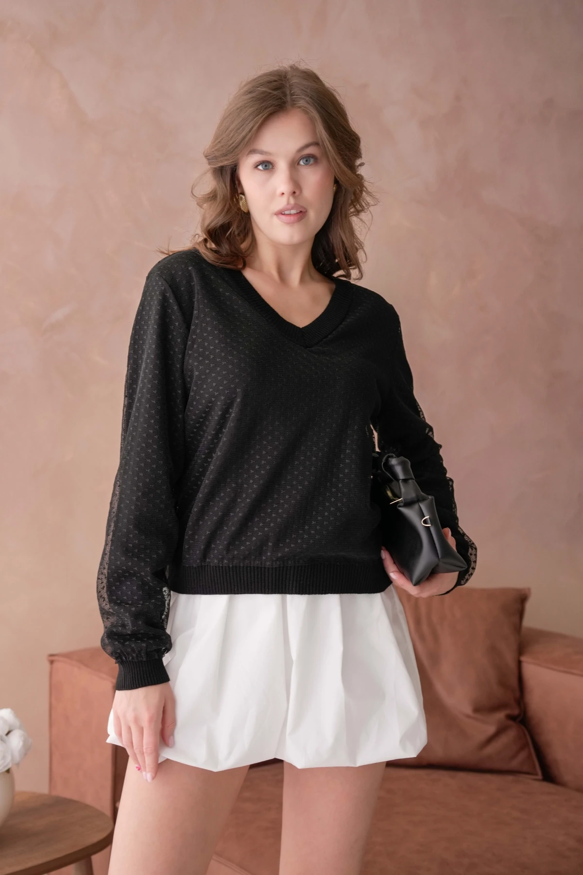 Kadın V Yaka Tül Detay Uzun Kol Triko Kazak