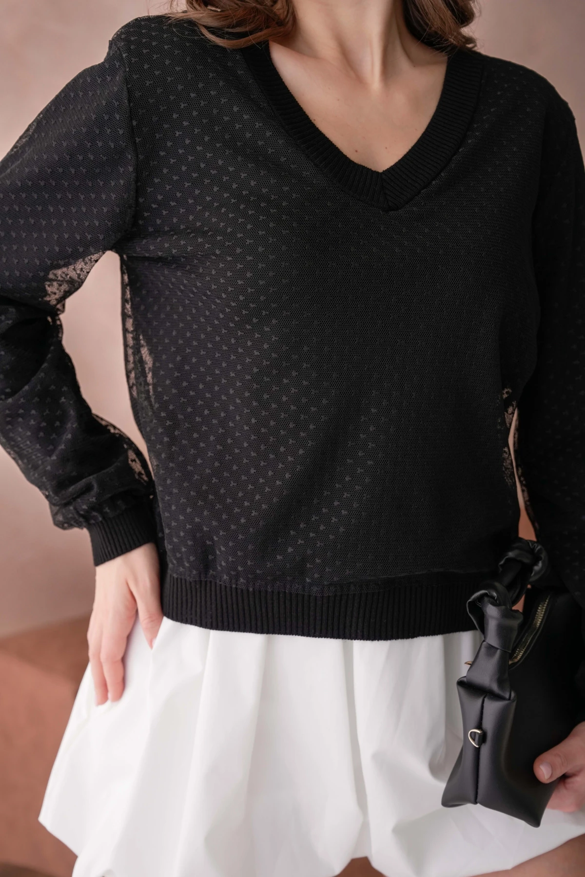 Kadın V Yaka Tül Detay Uzun Kol Triko Kazak