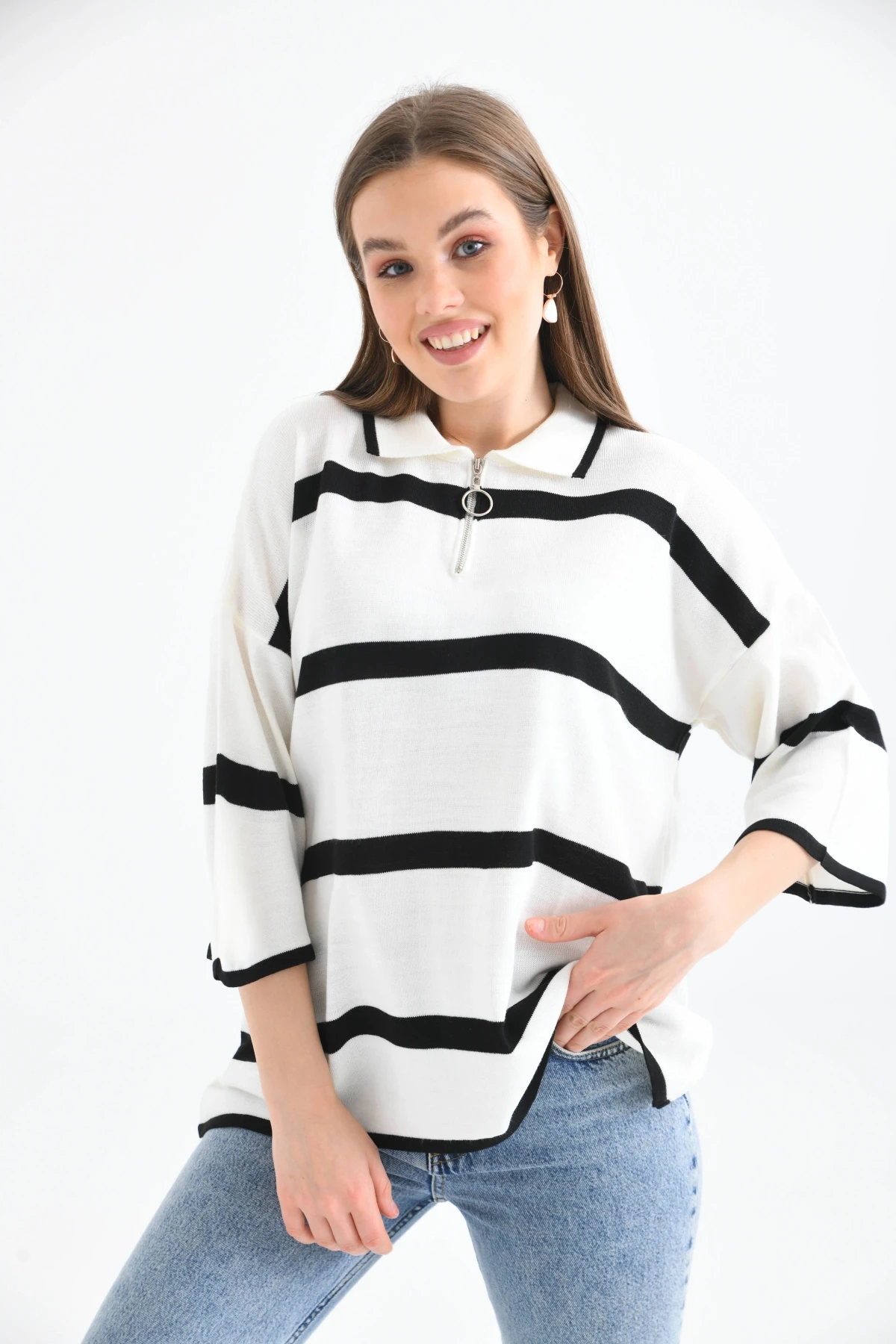 Polo Yaka Fermuarlı Çizgili Salaş Mevsimlik Trko Kazak