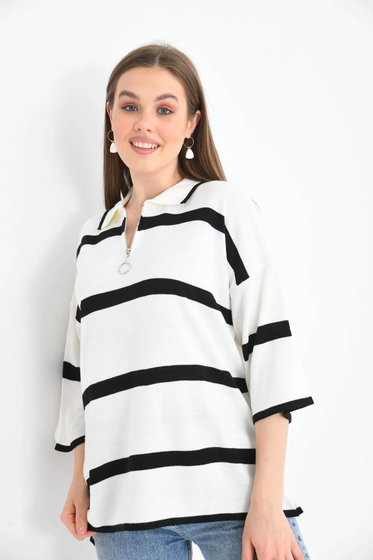 Polo Yaka Fermuarlı Çizgili Salaş Mevsimlik Trko Kazak