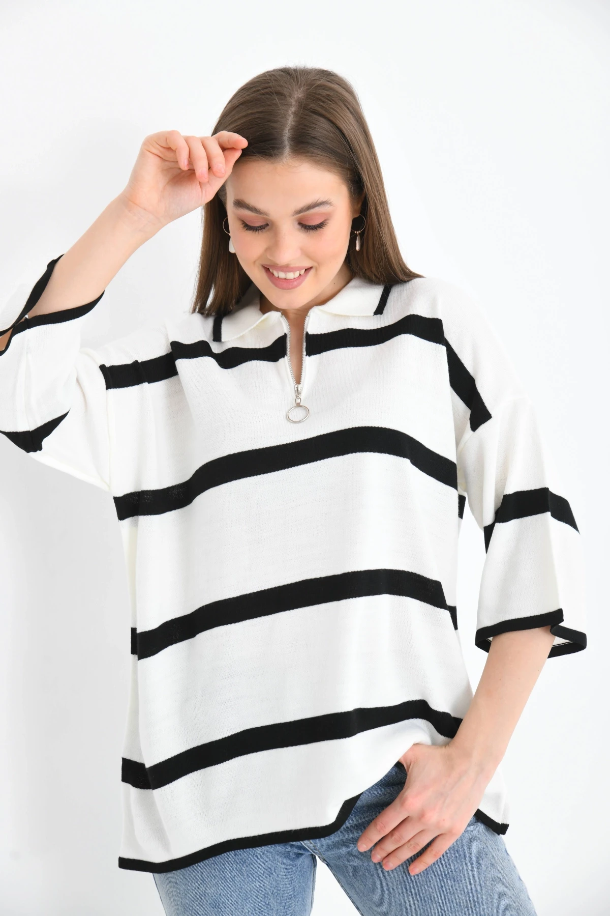 Polo Yaka Fermuarlı Çizgili Salaş Mevsimlik Trko Kazak