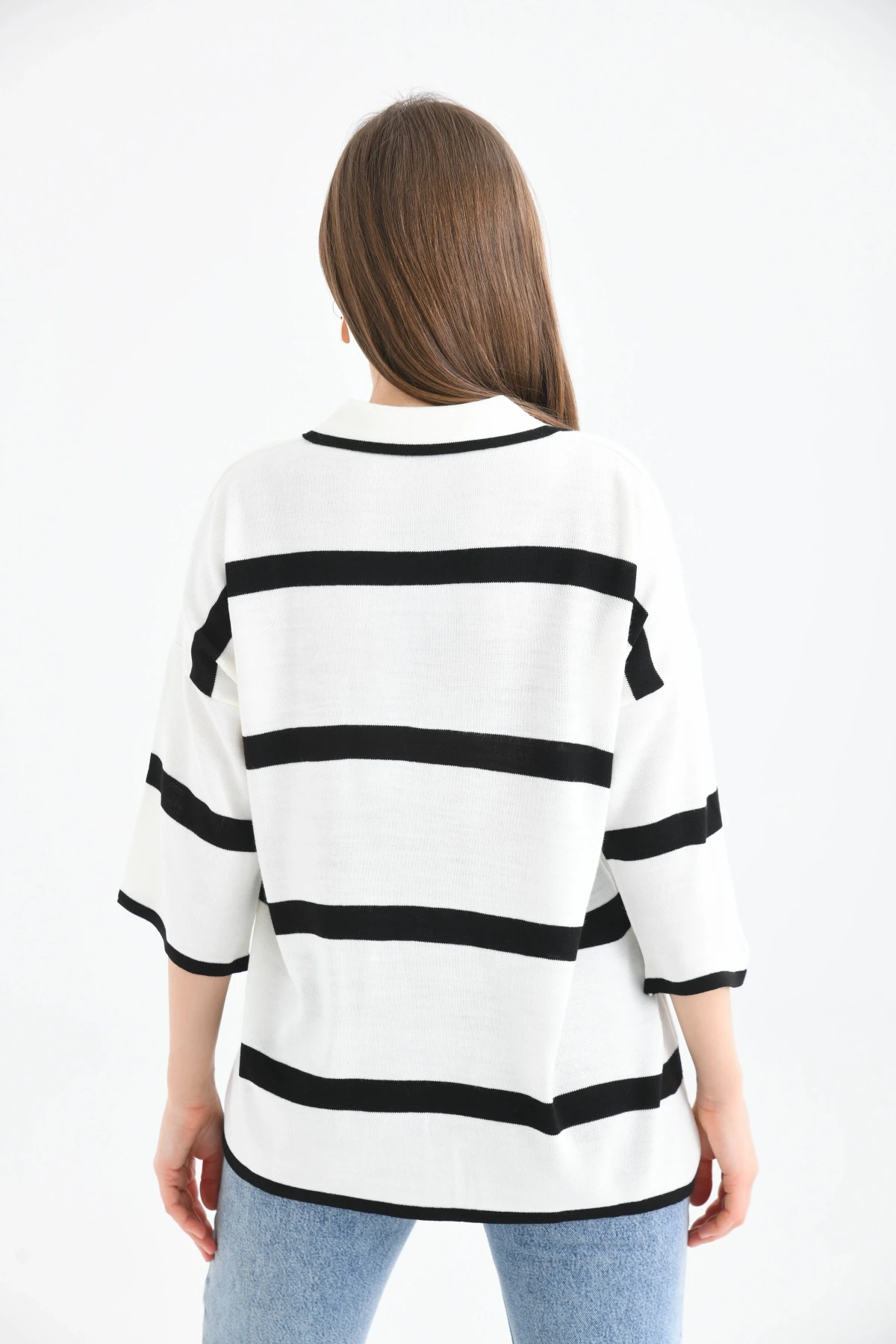 Polo Yaka Fermuarlı Çizgili Salaş Mevsimlik Trko Kazak