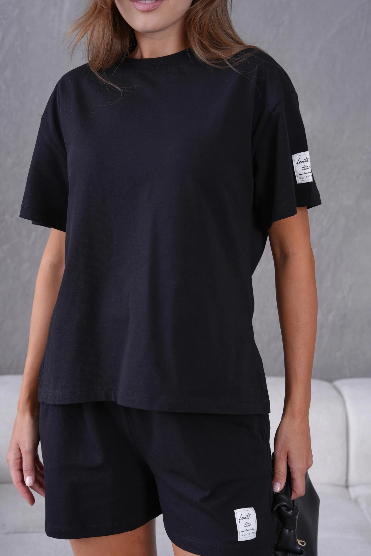 Bisiklet Yaka Kısa Kol Üst Bel Bağcıklı Lastikli Şort Basic Örme İkili Takım