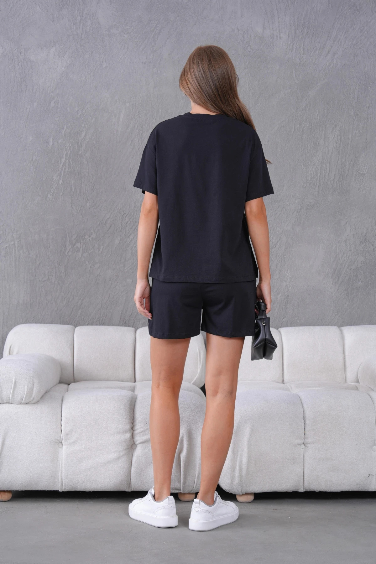 Bisiklet Yaka Kısa Kol Üst Bel Bağcıklı Lastikli Şort Basic Örme İkili Takım