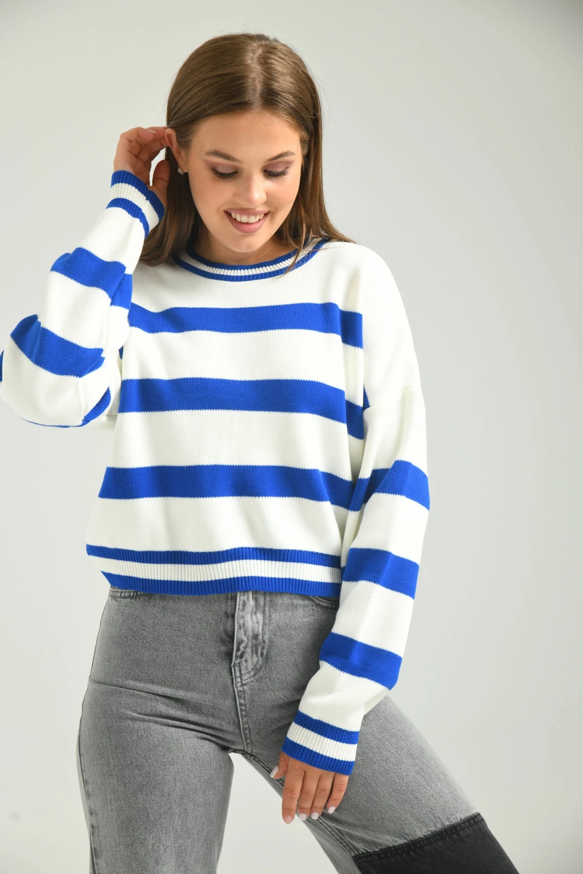 Çizgili Crop Bisiklet Yaka Triko Kazak