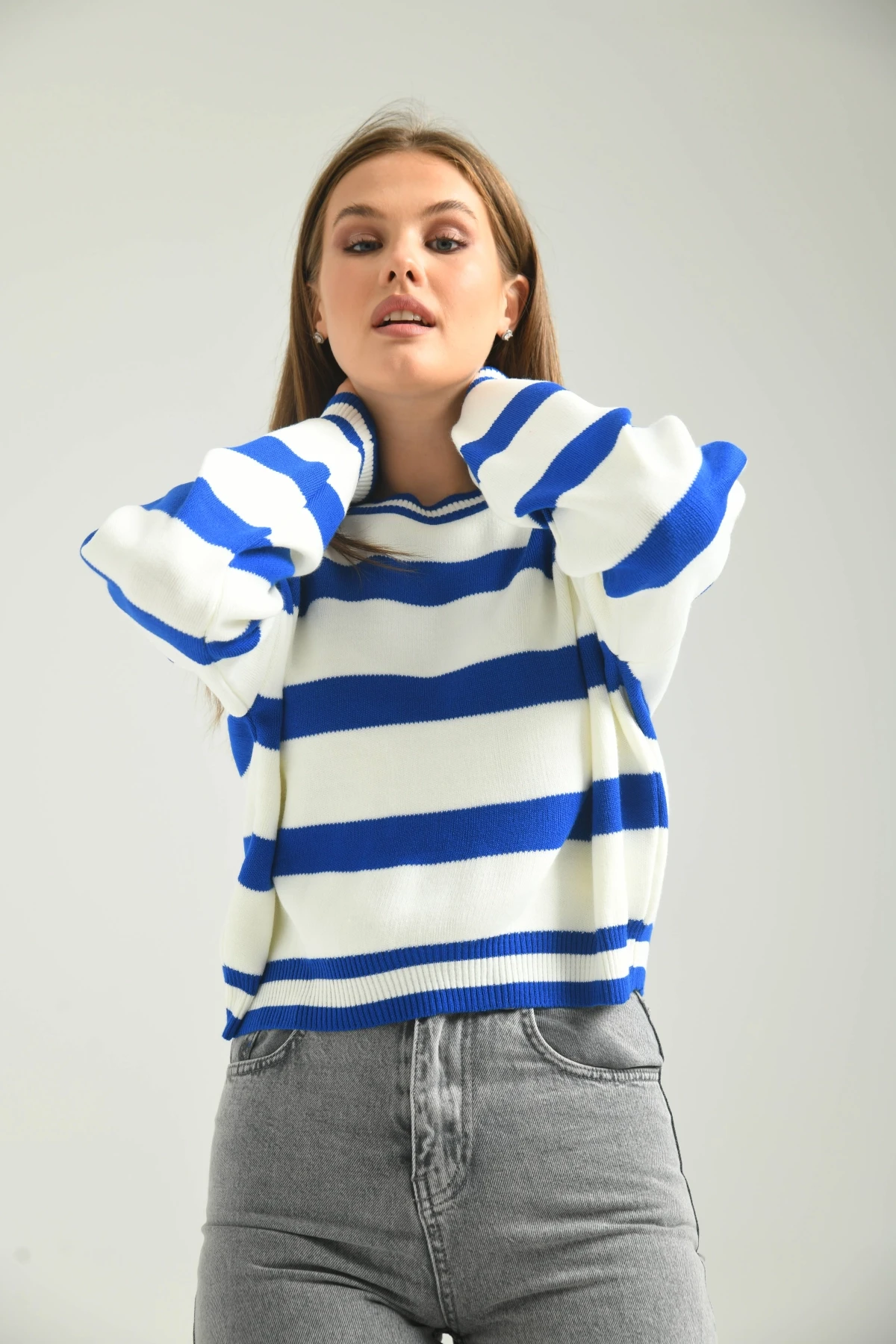 Çizgili Crop Bisiklet Yaka Triko Kazak