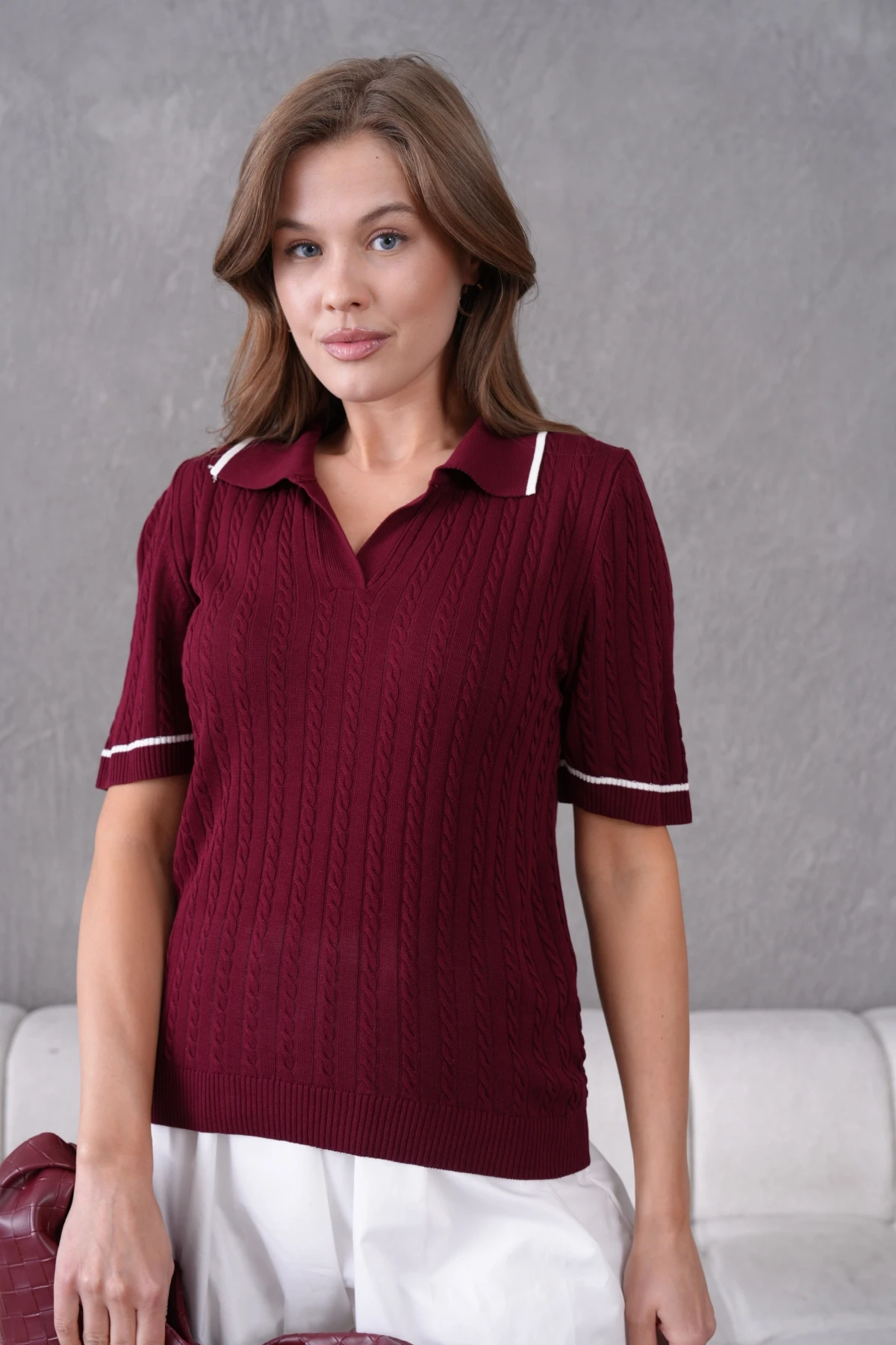 Polo Yaka Saç Örgü Kısa Kol Triko Kazak