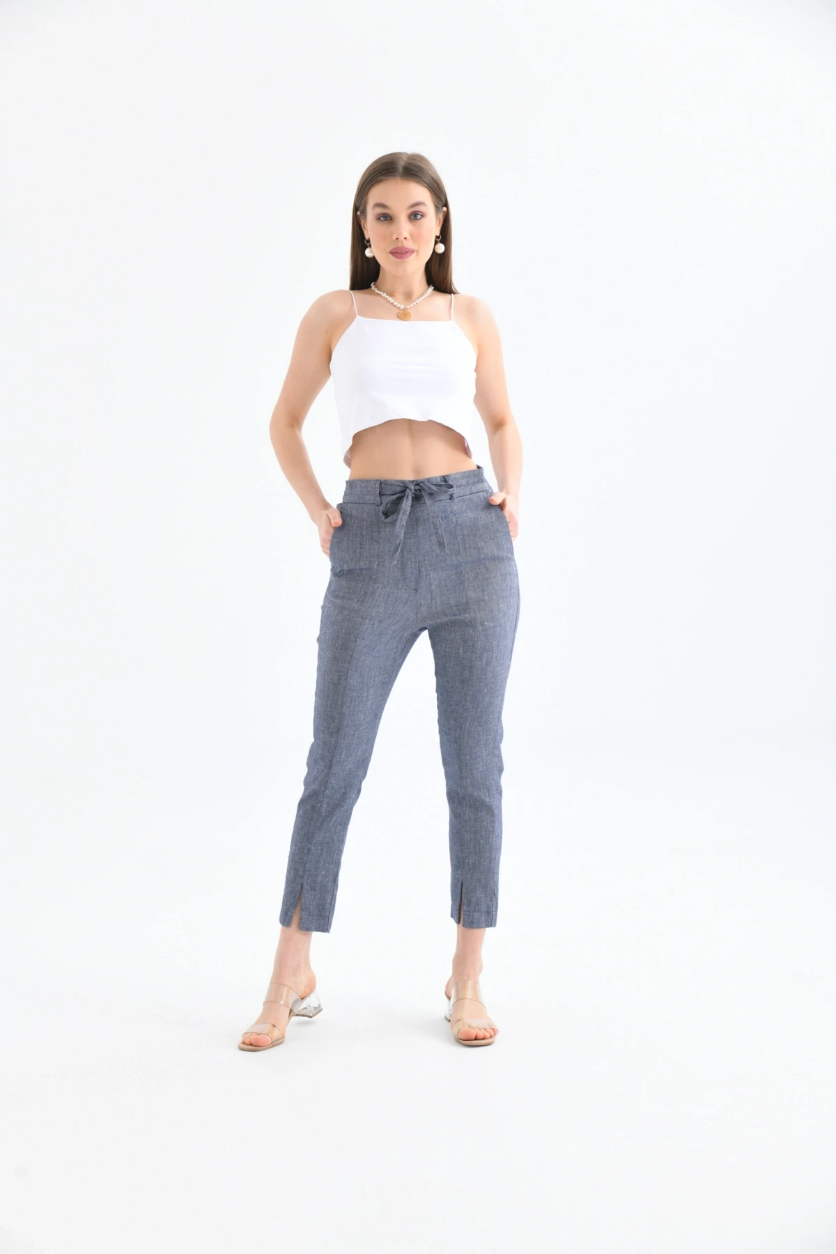 Womens Waist Lace-Up Detail Linen Trousers