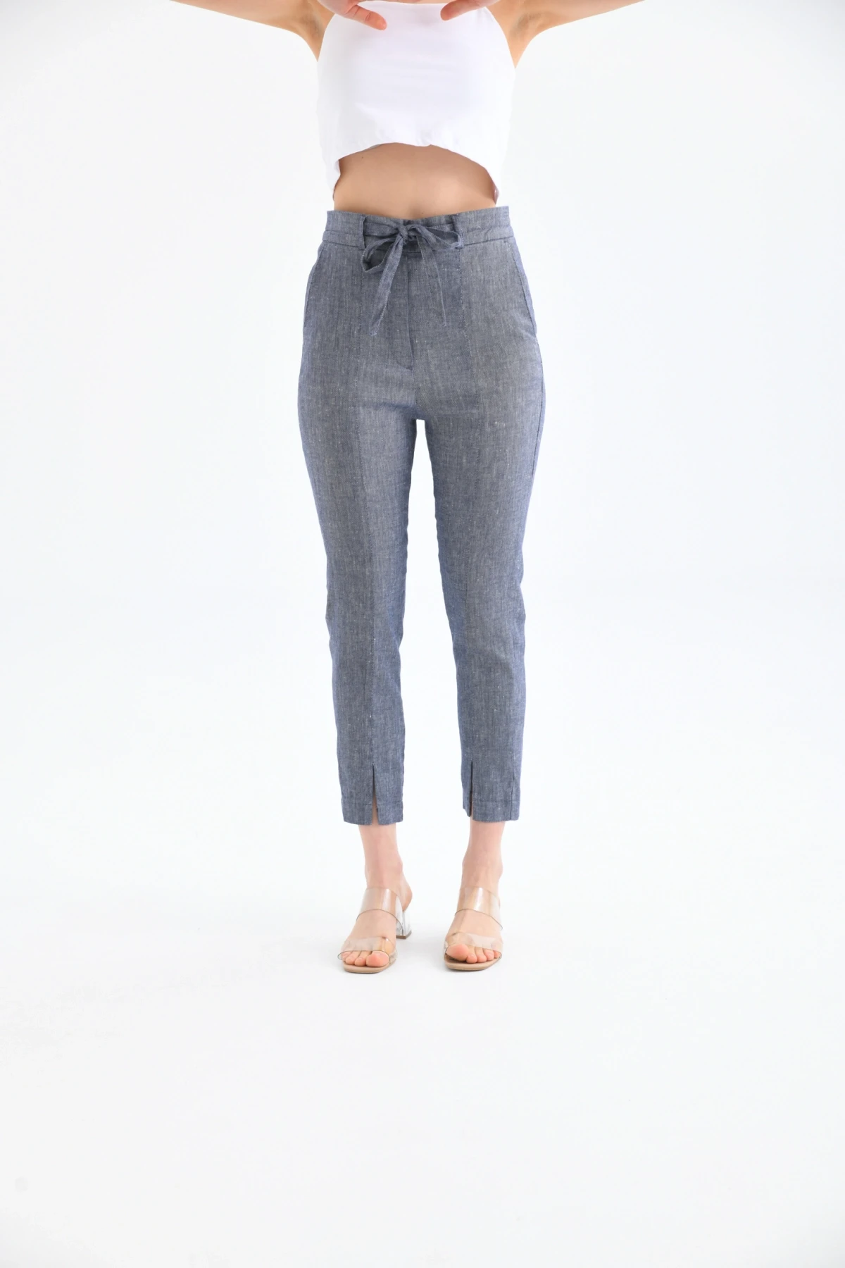 Womens Waist Lace-Up Detail Linen Trousers