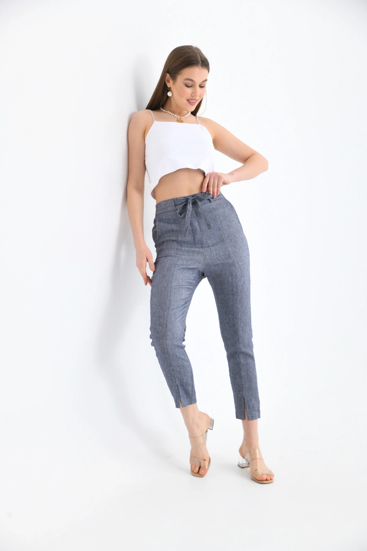 Womens Waist Lace-Up Detail Linen Trousers