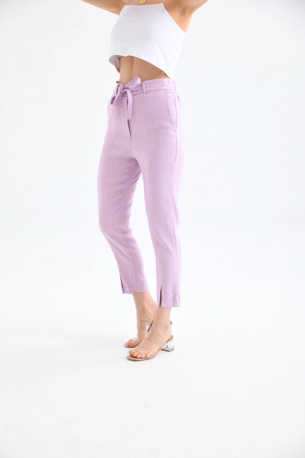 Womens Waist Lace-Up Detail Linen Trousers