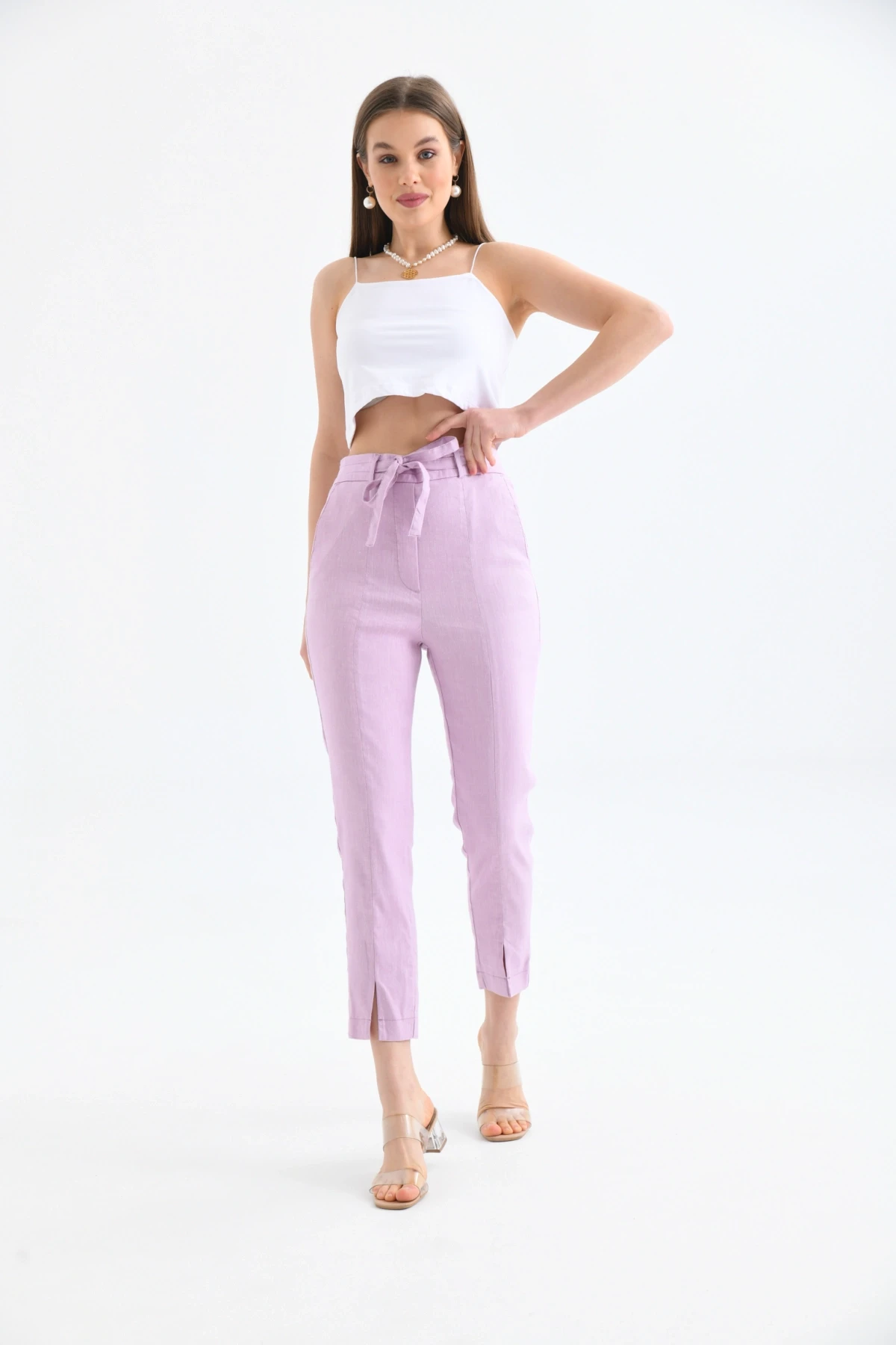 Womens Waist Lace-Up Detail Linen Trousers