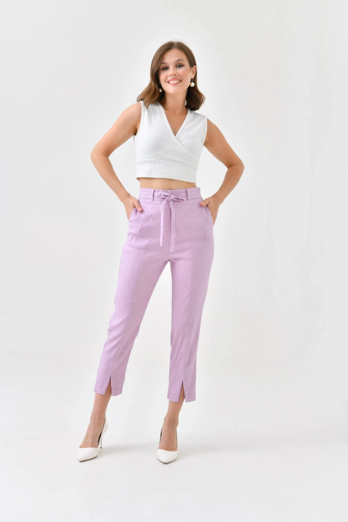 Womens Waist Lace-Up Detail Linen Trousers