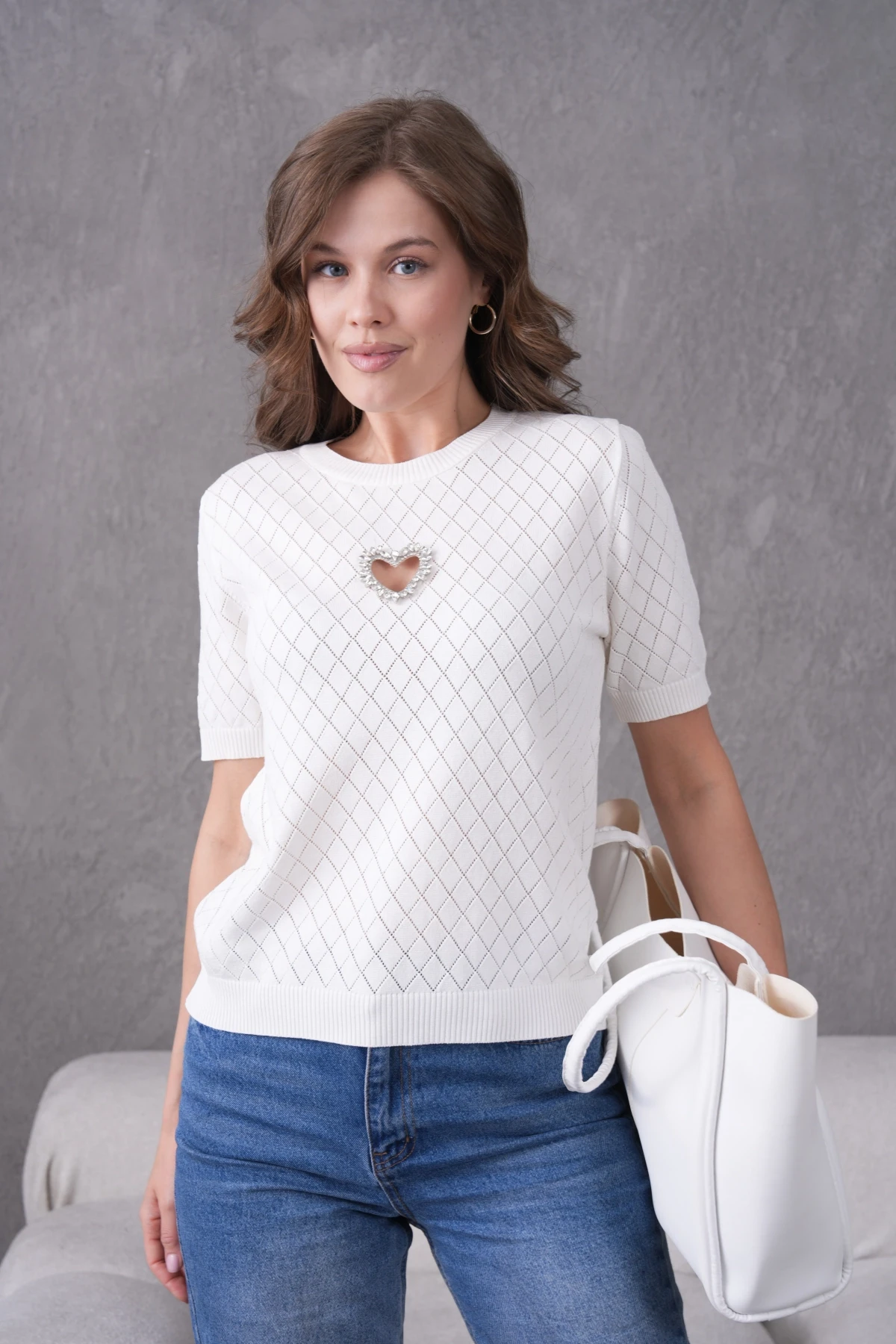 Taş Aksesuar Detaylı Kısa Kol Triko Kazak