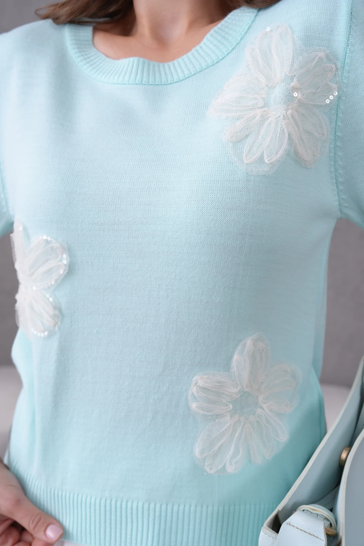 Aplikeli Kısa Kol Triko Kazak