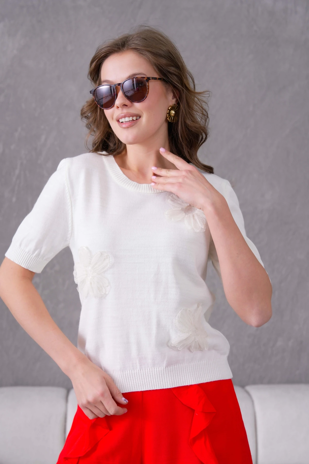 Aplikeli Kısa Kol Triko Kazak