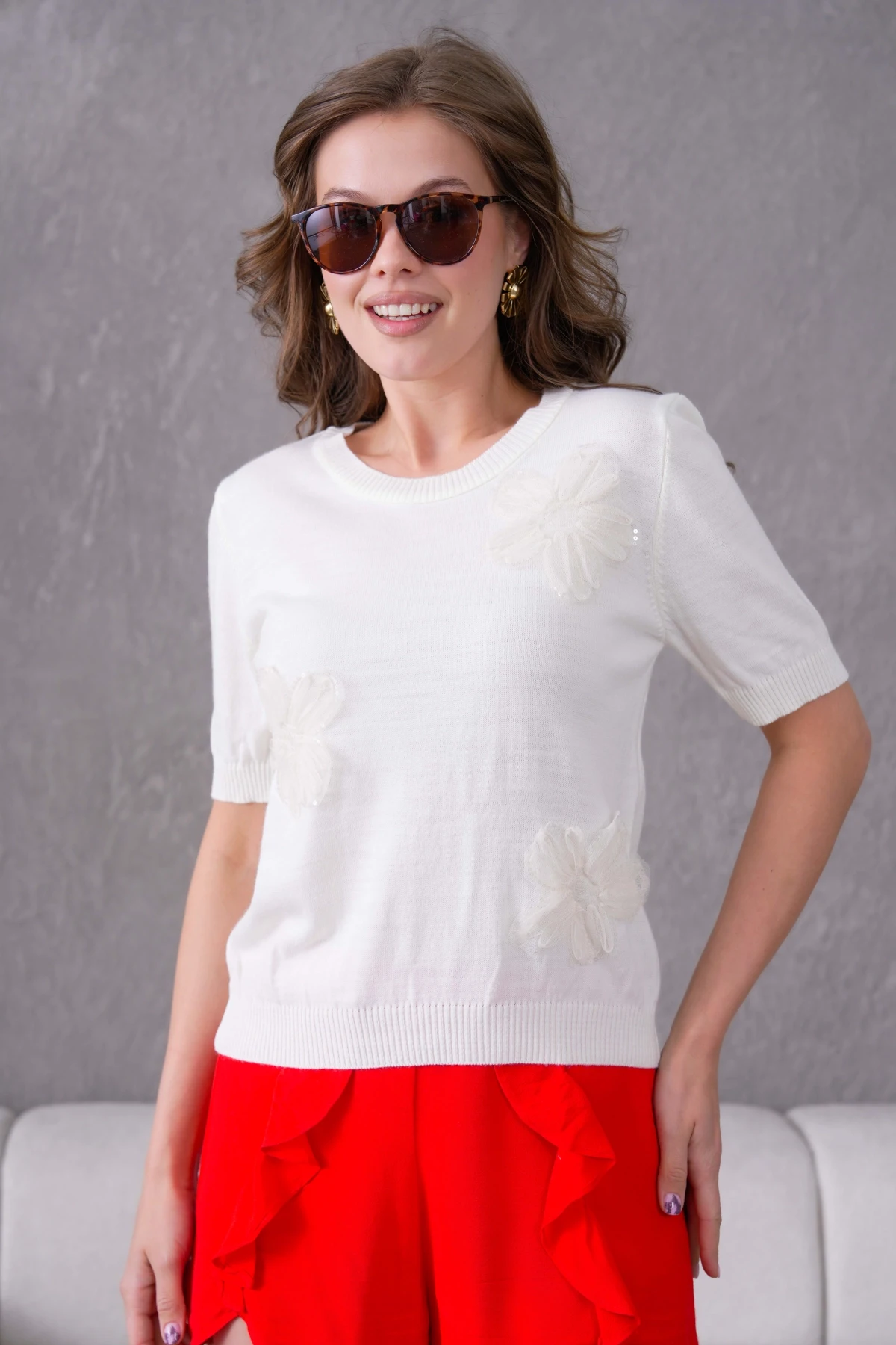 Aplikeli Kısa Kol Triko Kazak