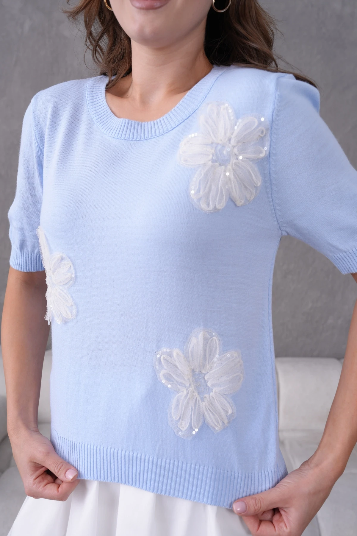 Aplikeli Kısa Kol Triko Kazak