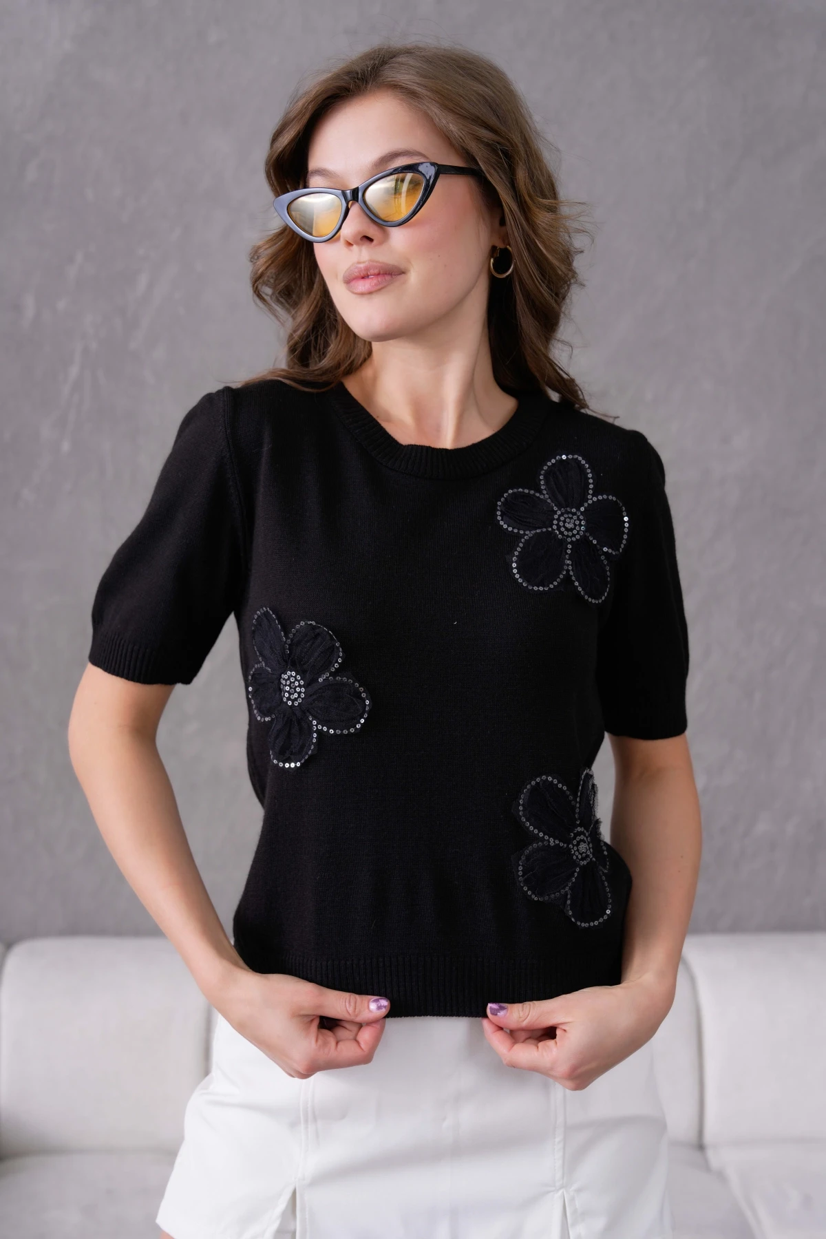 Aplikeli Kısa Kol Triko Kazak