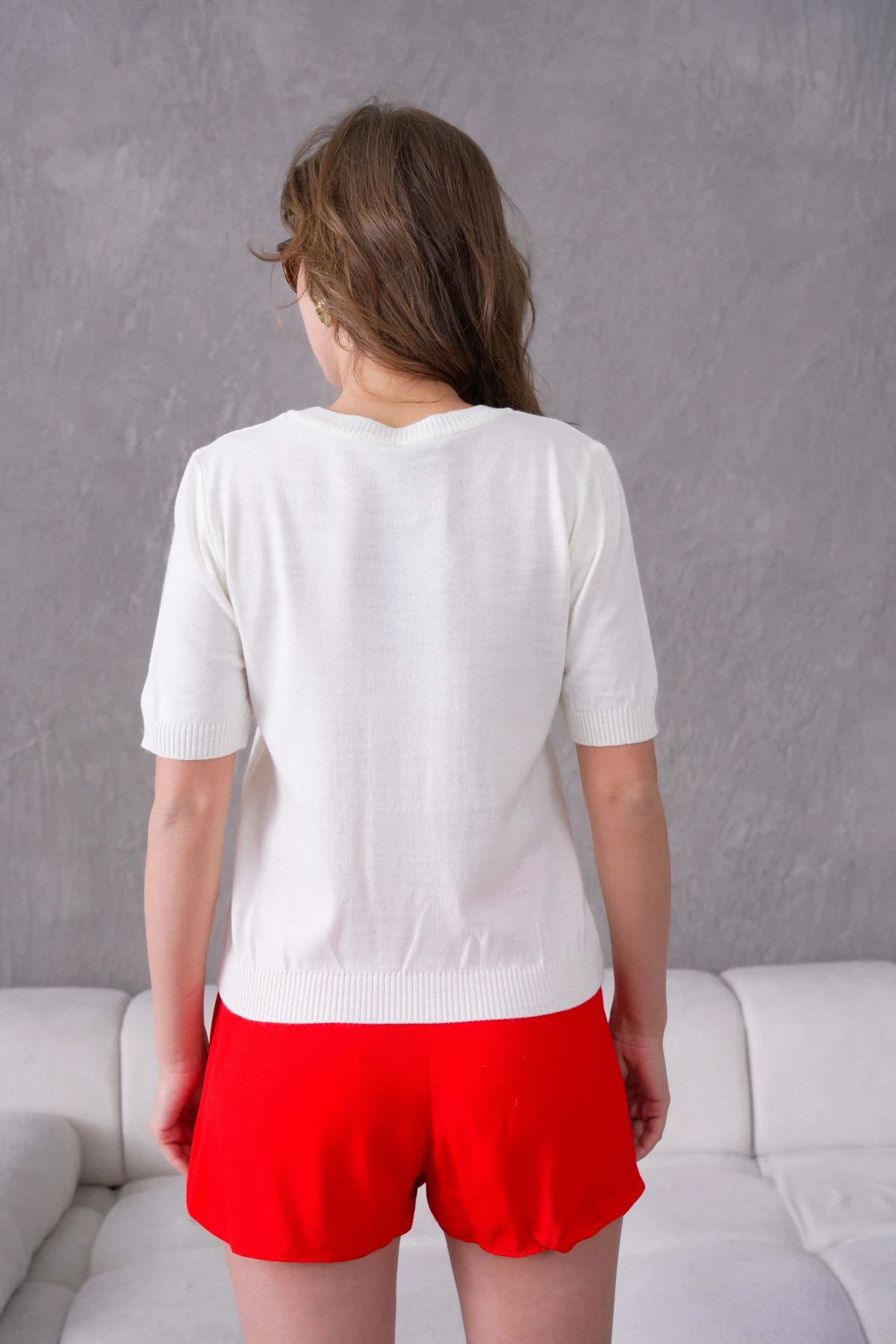 Aplikeli Kısa Kol Triko Kazak