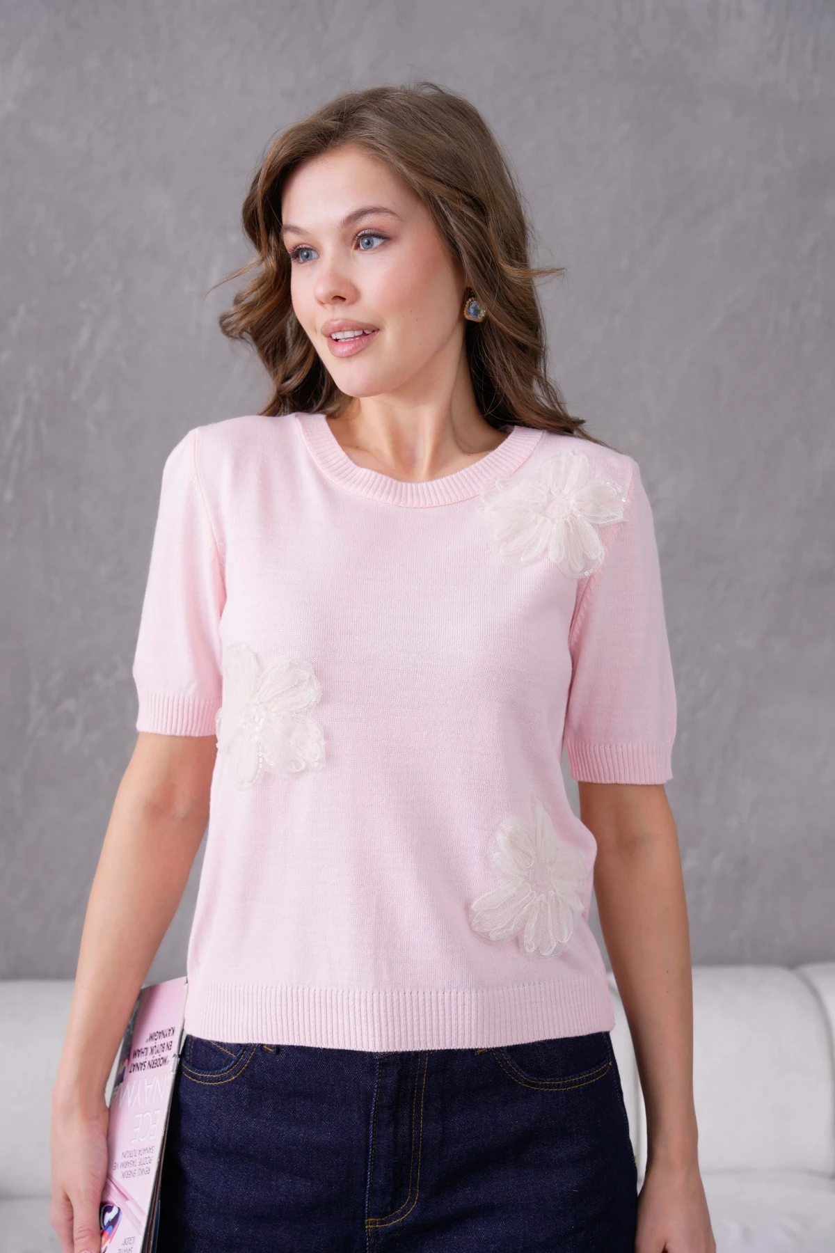 Aplikeli Kısa Kol Triko Kazak