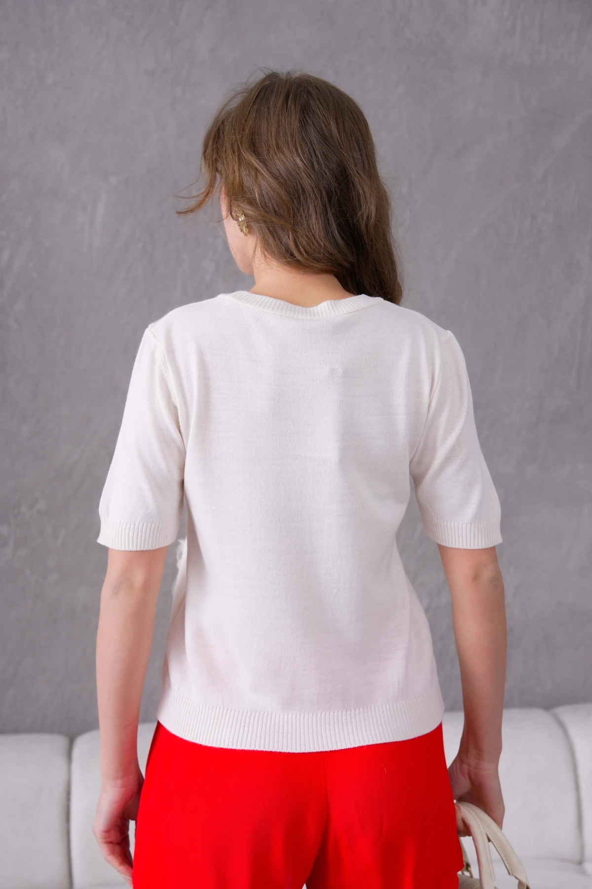 Aplikeli Kısa Kol Triko Kazak