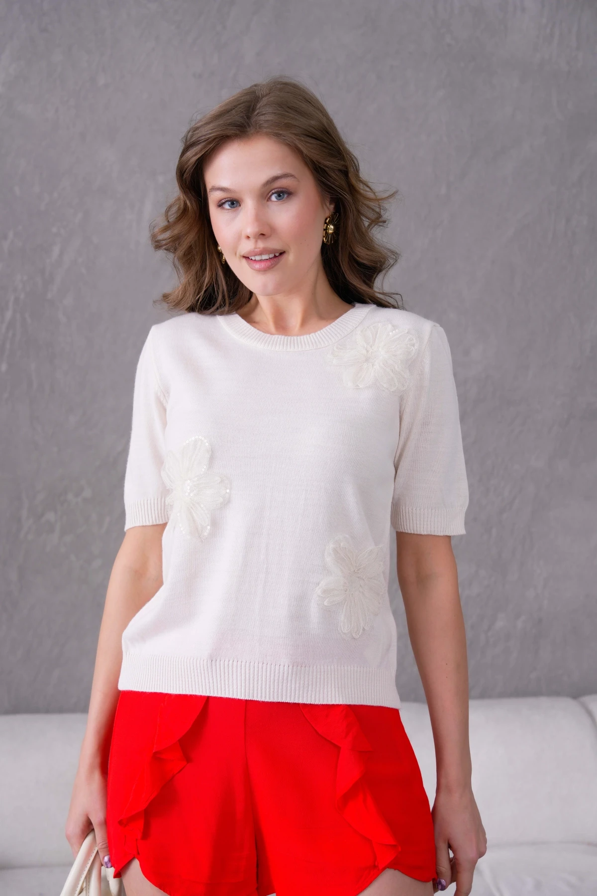 Aplikeli Kısa Kol Triko Kazak