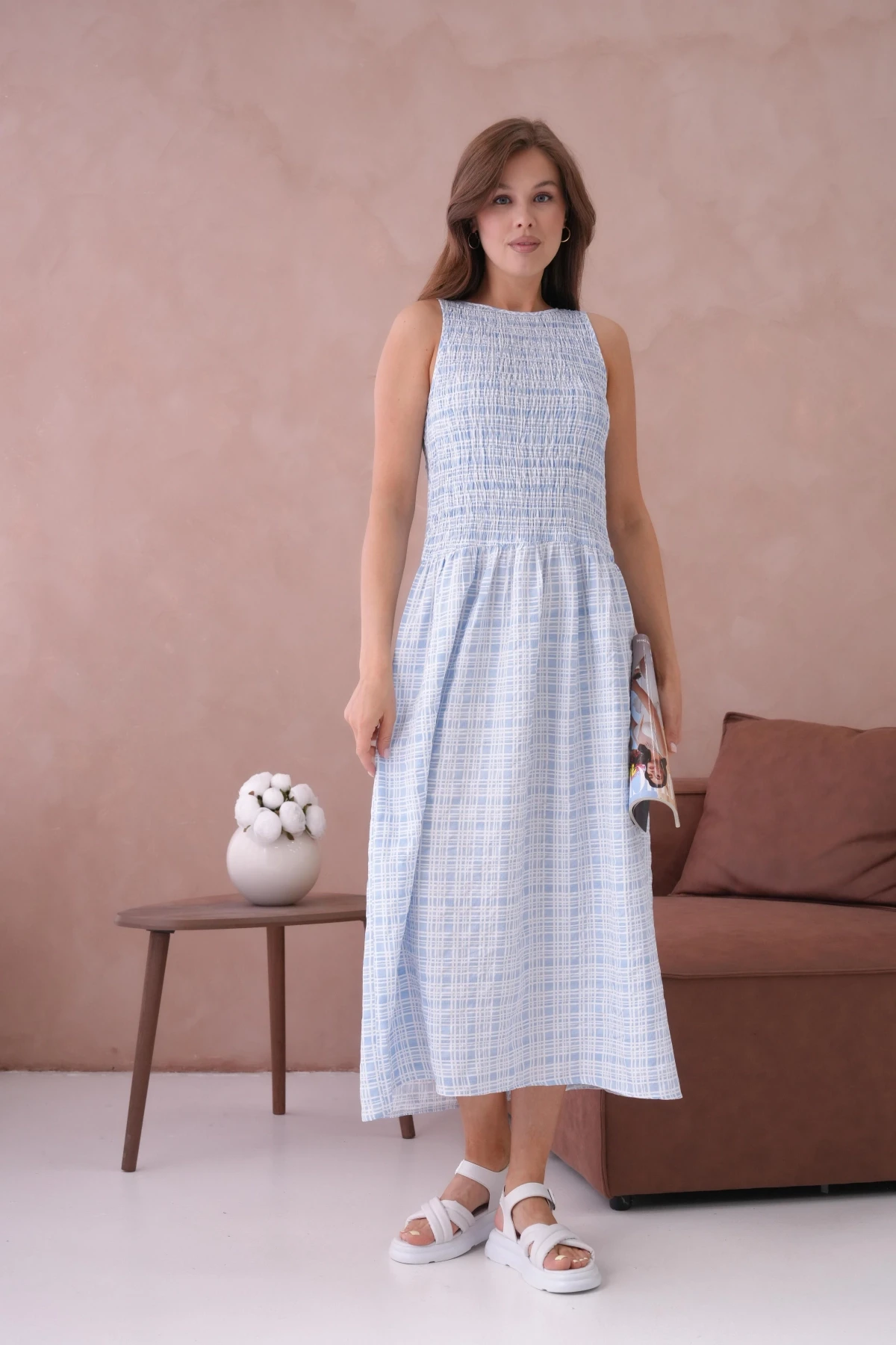 Kolsuz Uzun Ekose Dokuma Elbise