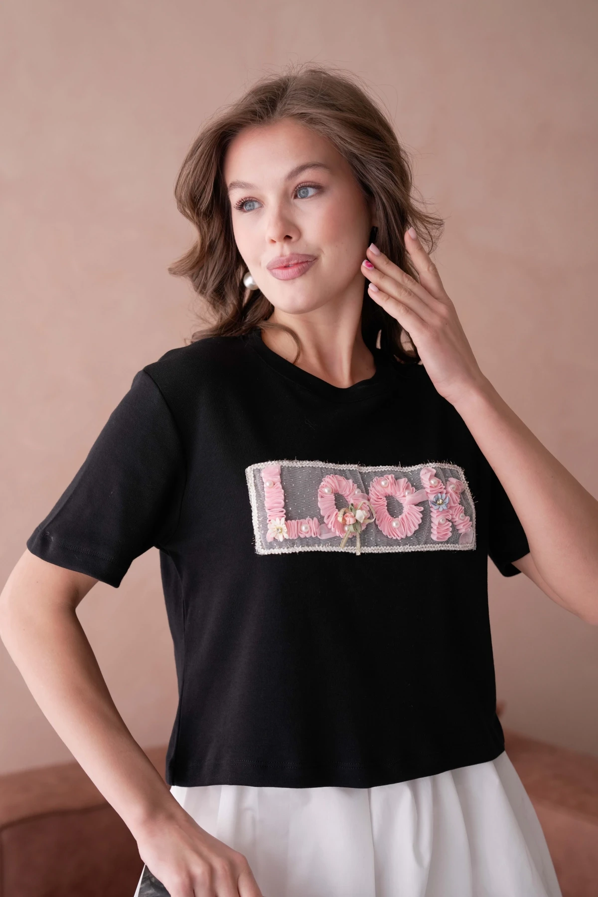 Look Yazı Aplikeli Basic T-Shirt