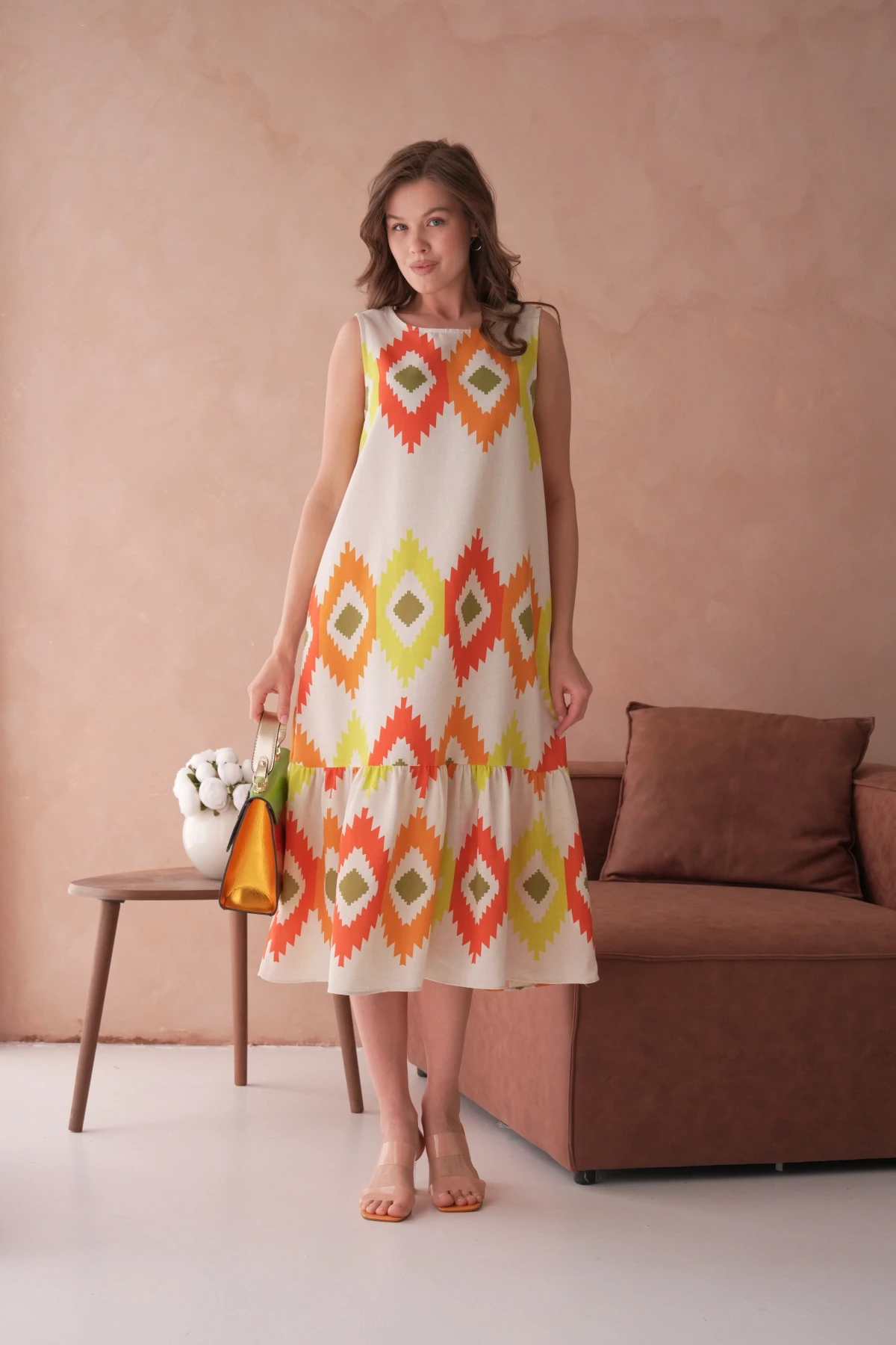 Otantik Desenli Volanlı Salaş Dokuma Elbise