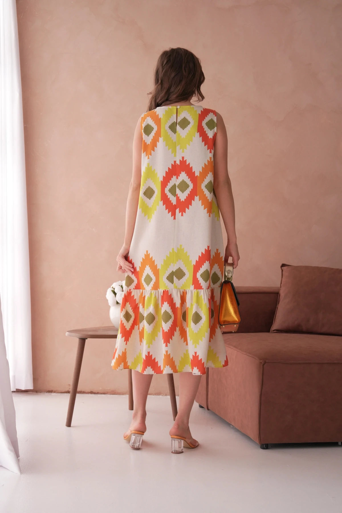 Otantik Desenli Volanlı Salaş Dokuma Elbise