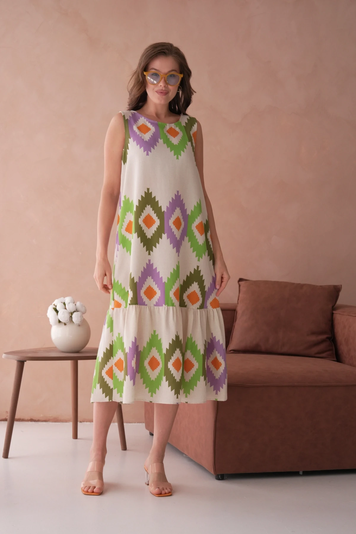 Otantik Desenli Volanlı Salaş Dokuma Elbise