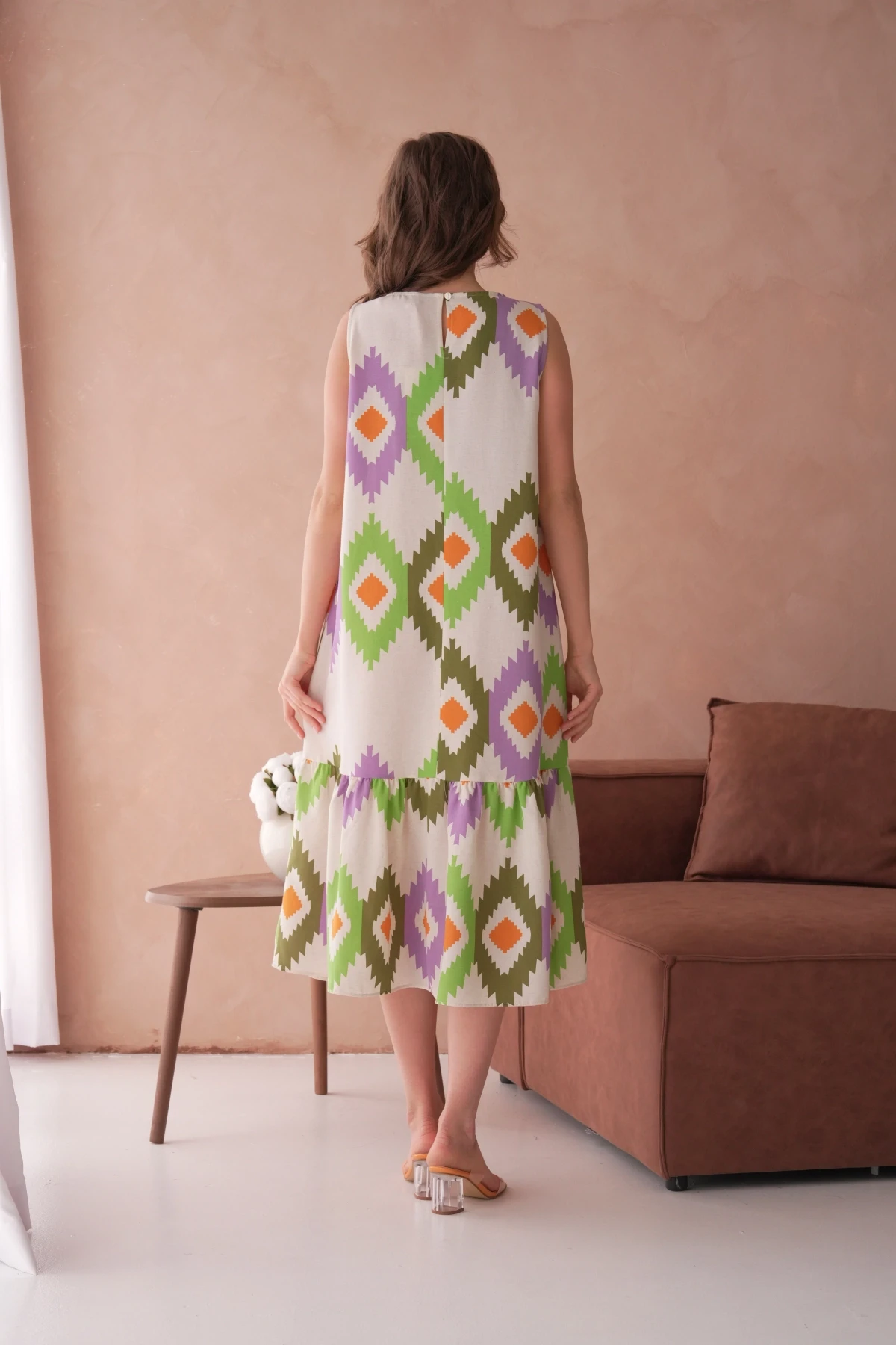 Otantik Desenli Volanlı Salaş Dokuma Elbise