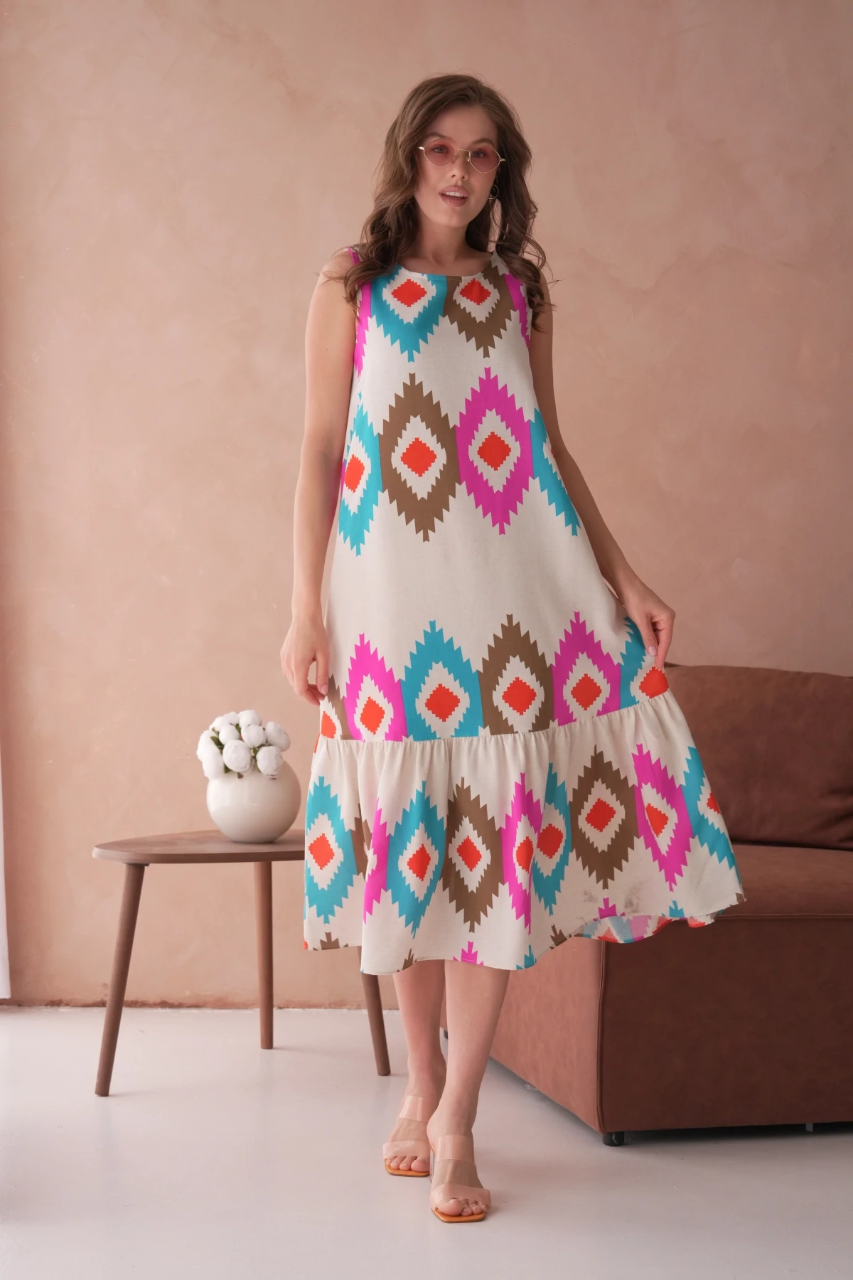 Otantik Desenli Volanlı Salaş Dokuma Elbise