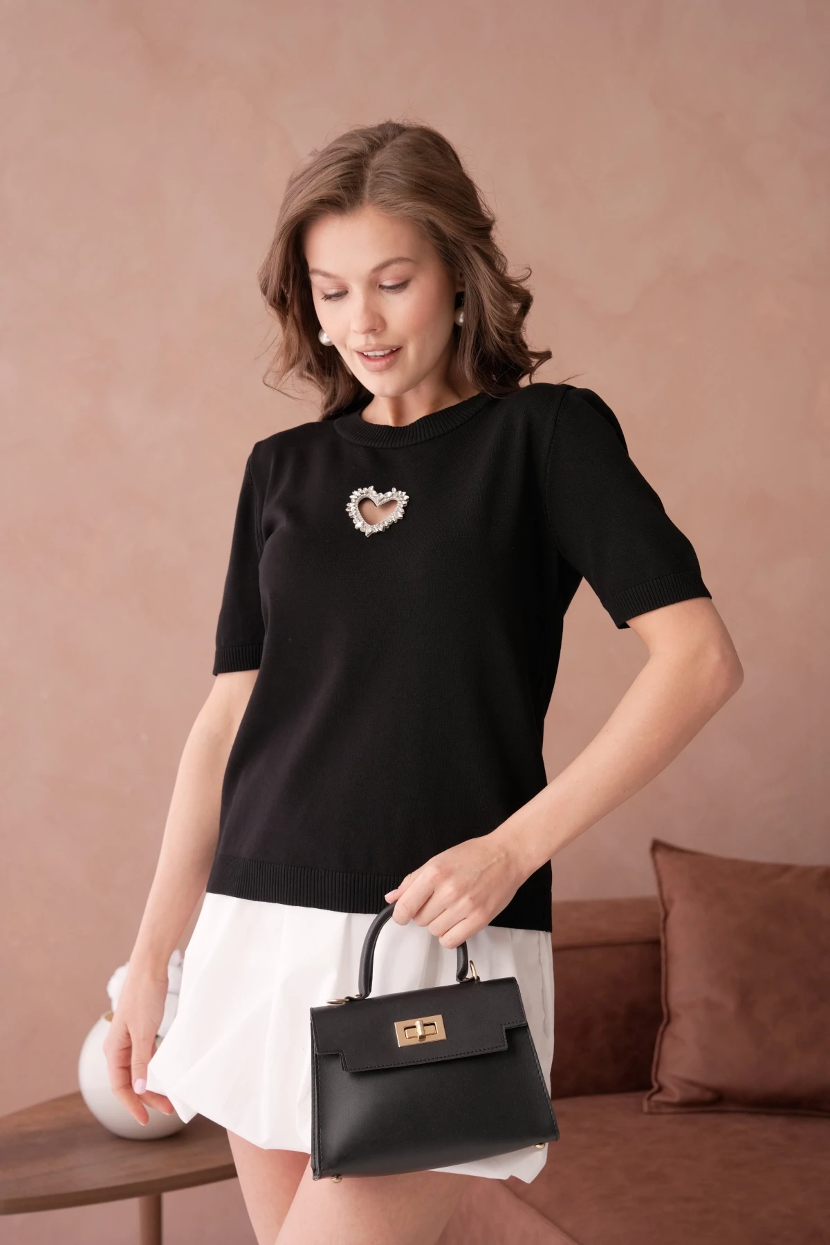 Taş Aksesuar Detaylı Kısa Kol Merserize Kazak