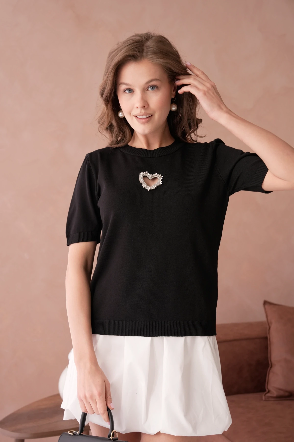 Taş Aksesuar Detaylı Kısa Kol Merserize Kazak