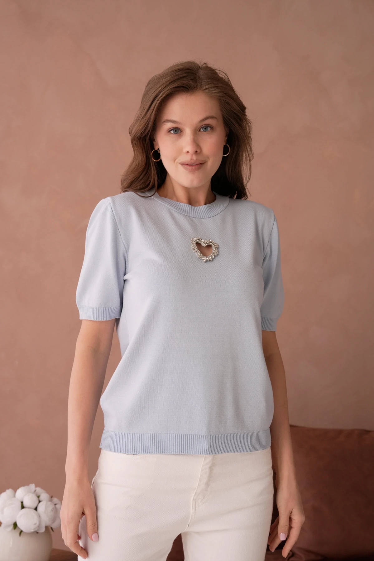 Taş Aksesuar Detaylı Kısa Kol Merserize Kazak