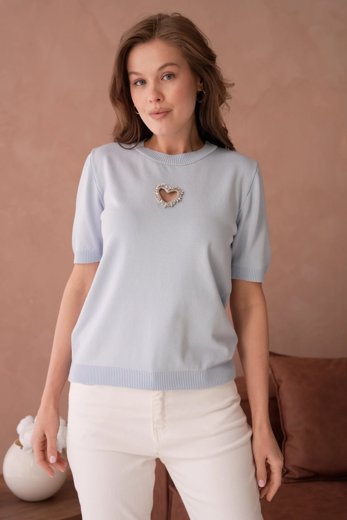 Taş Aksesuar Detaylı Kısa Kol Merserize Kazak